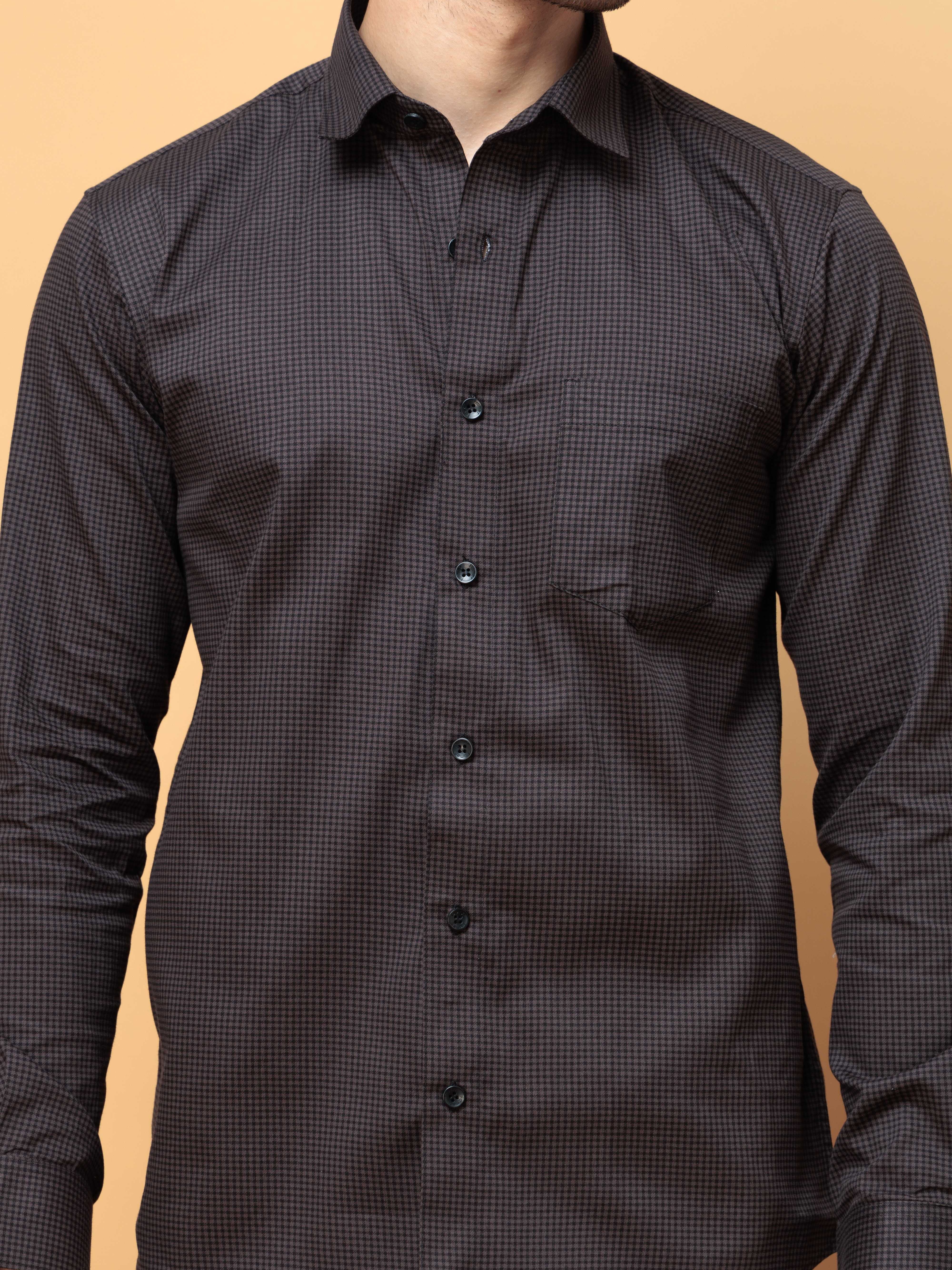 FOOMER DARK GREY MINI CHECKED COTTON CASUAL SHIRT FOR MEN'S