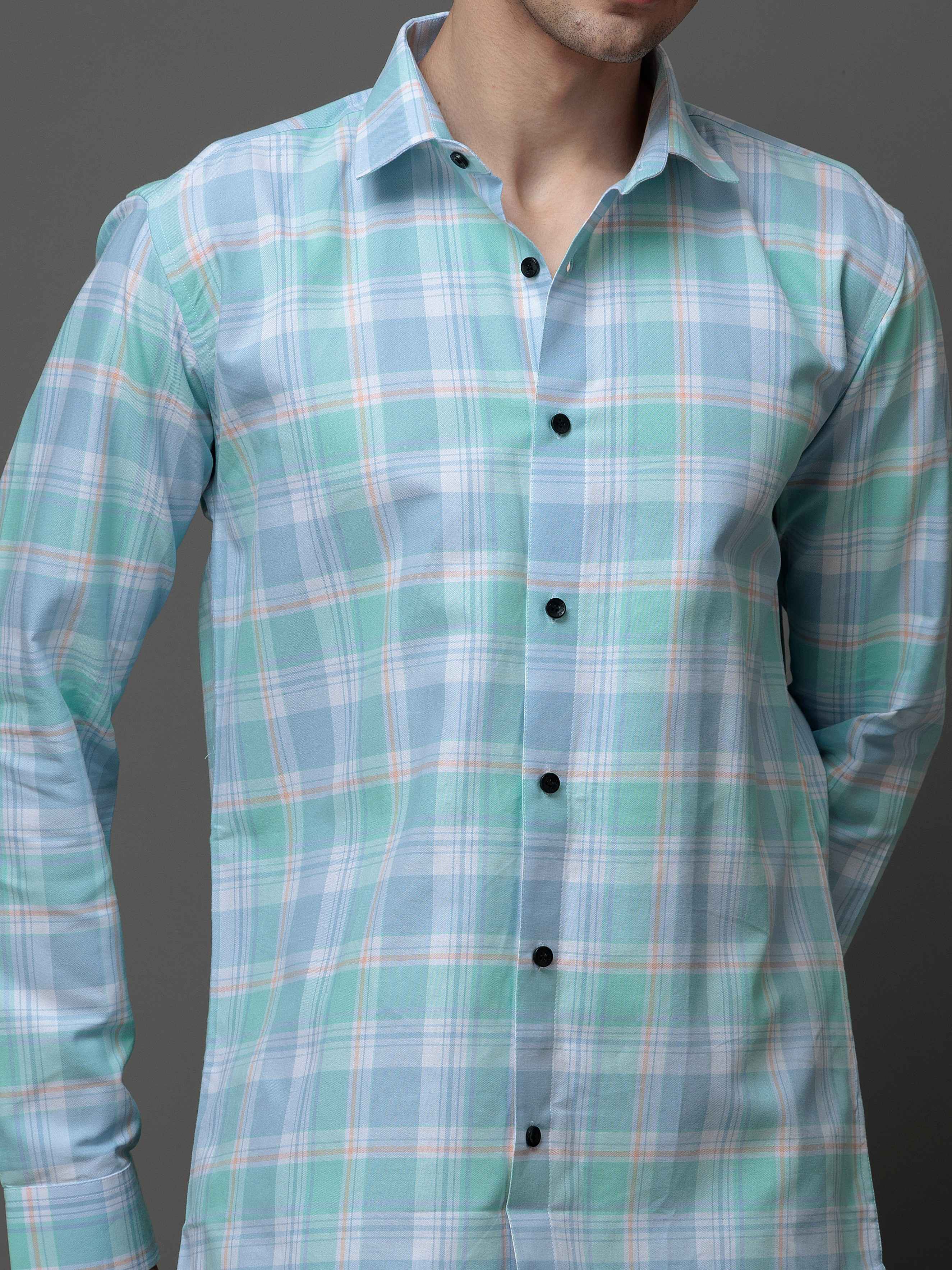 BOX CYAN CHECKED COTTON CASUAL SHIRT FOR MEN'S