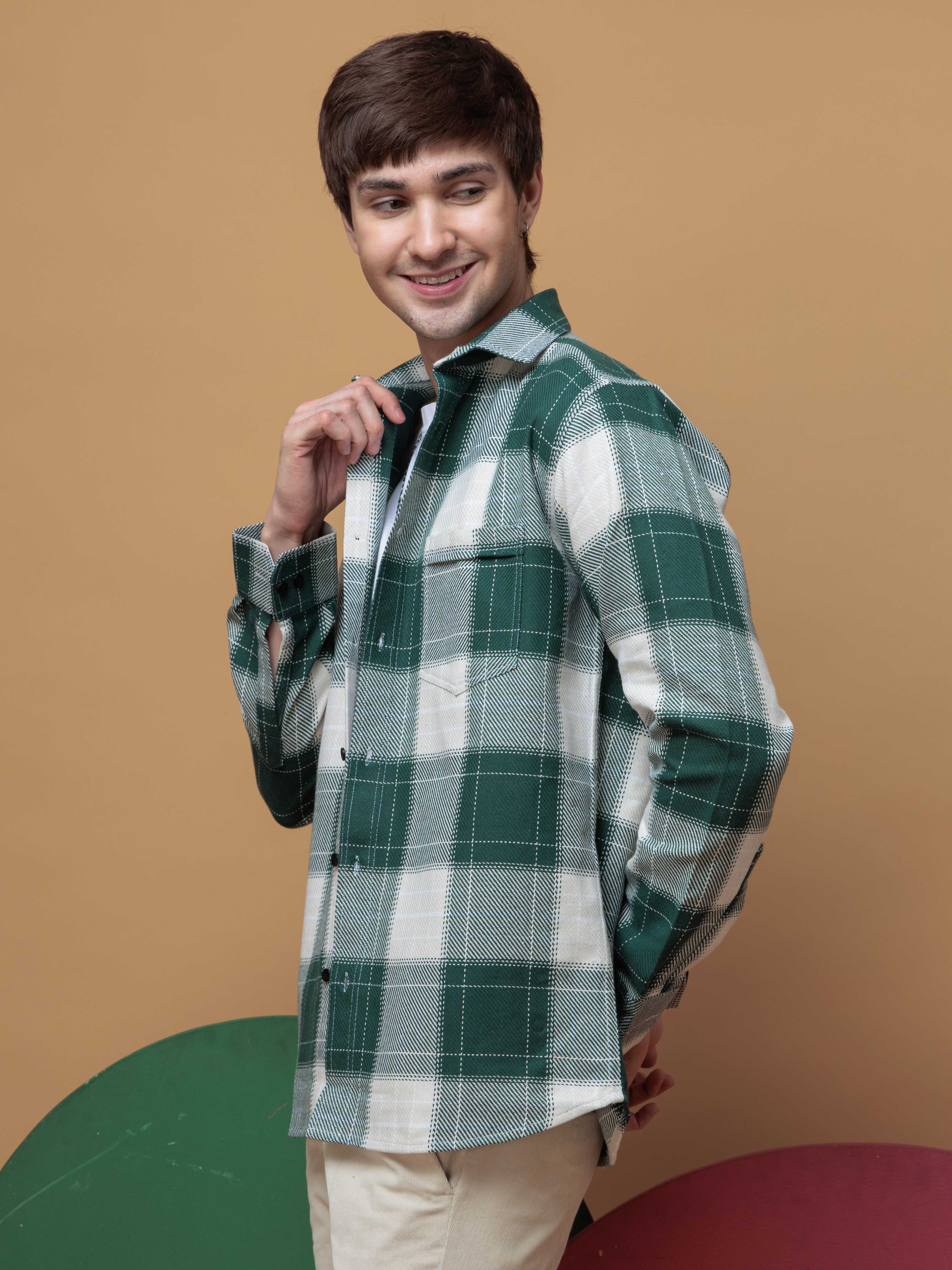 FOOMER TARTAN GREEN CHECKED CASUAL SHIRT FOR MEN'S