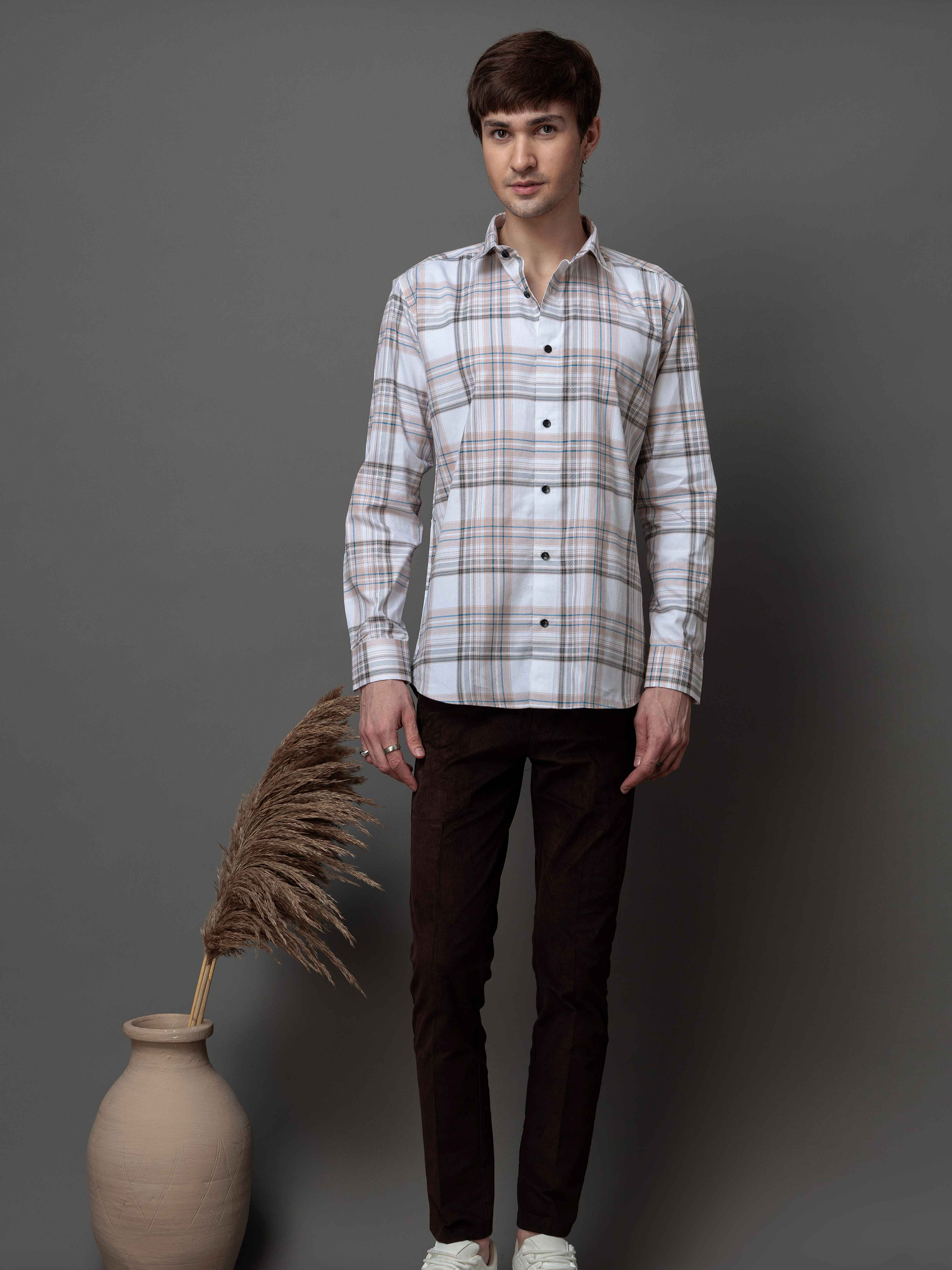 BOX BROWN CHECKED COTTON CASUAL SHIRT FOR MEN'S