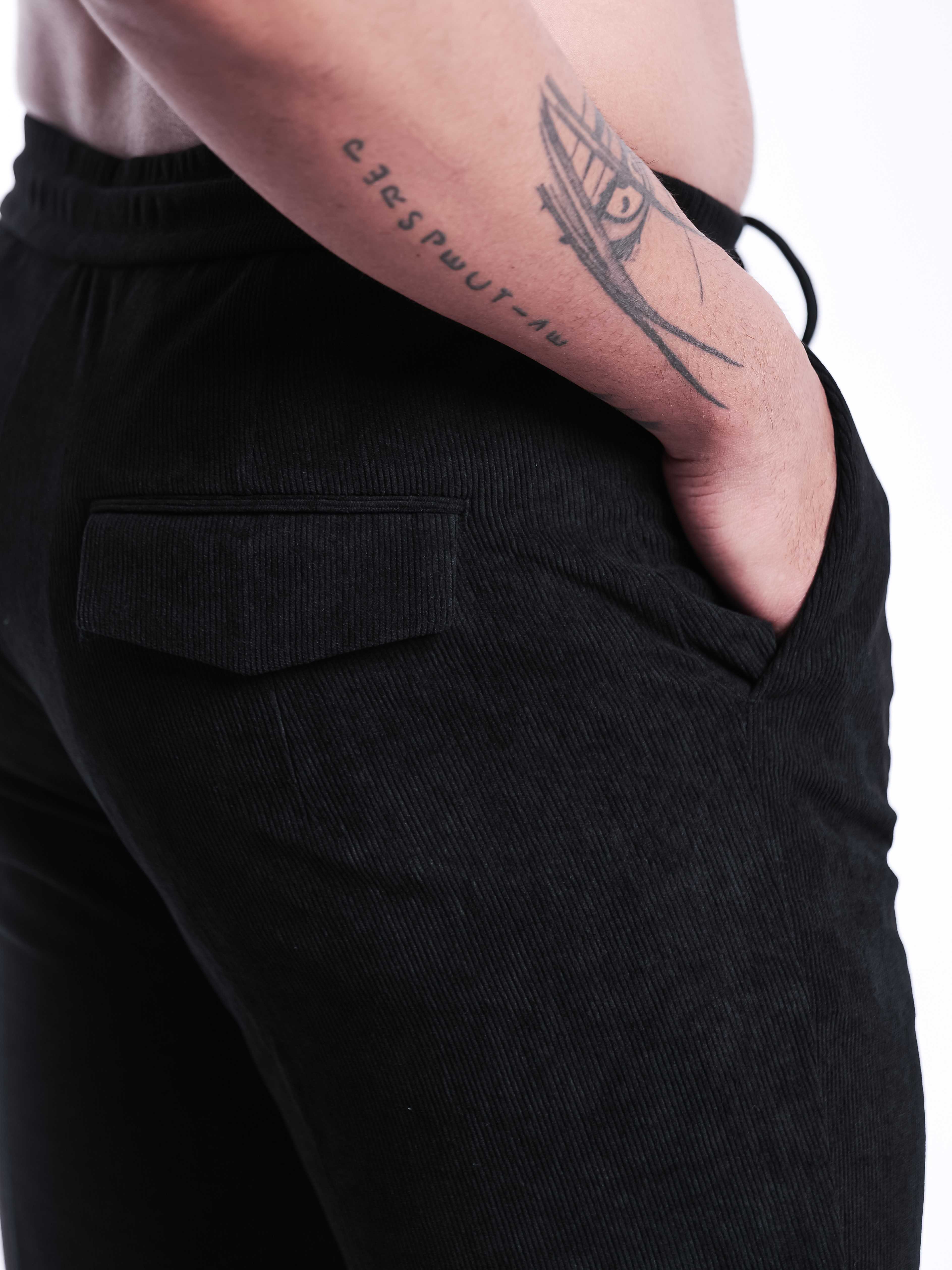 Foomer Black Corduroy Relaxed Fit Trousers For Men's
