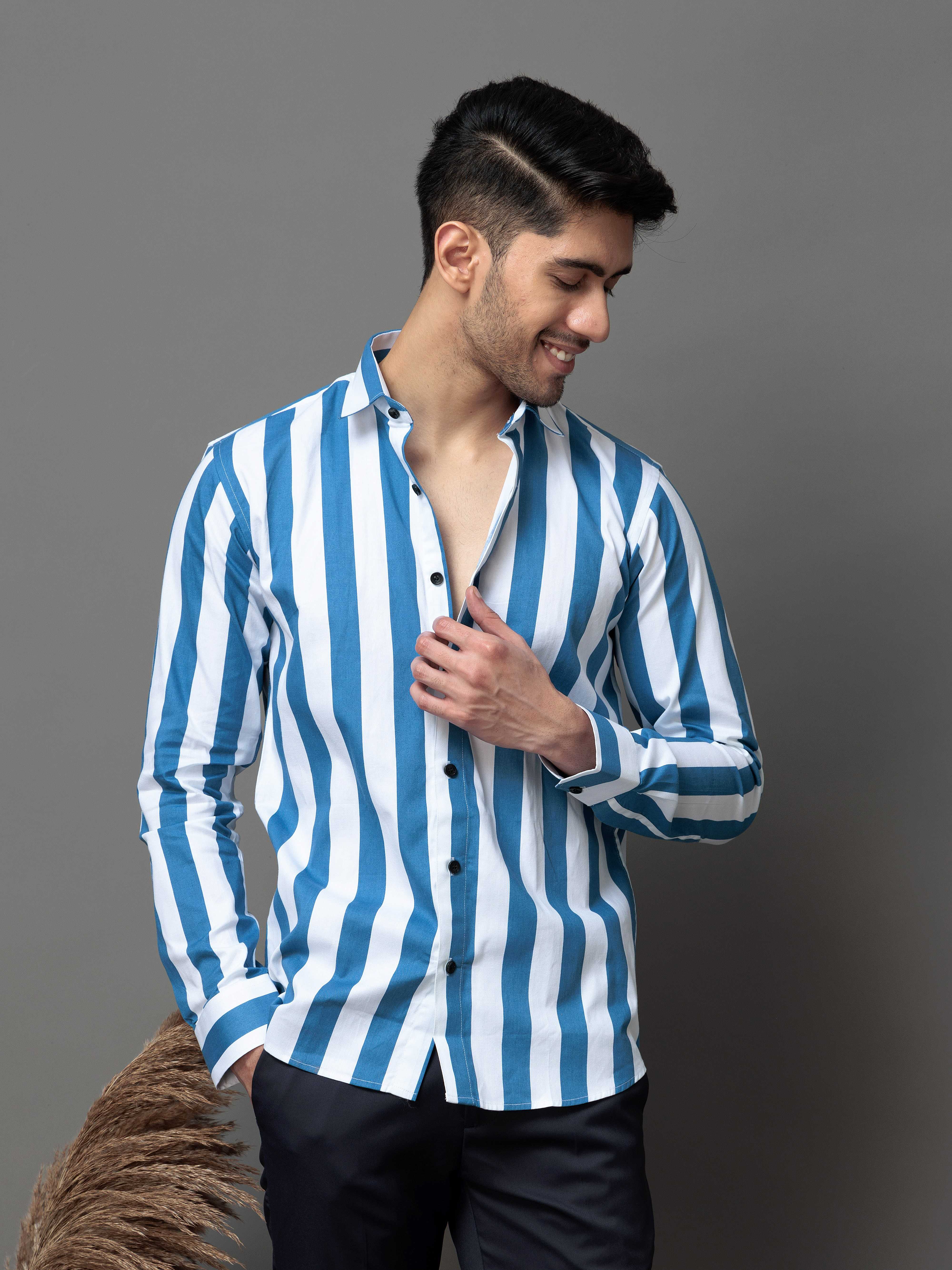 BLUE STRIPED PRINTED COTTON CASUAL SHIRT FOR MEN'S