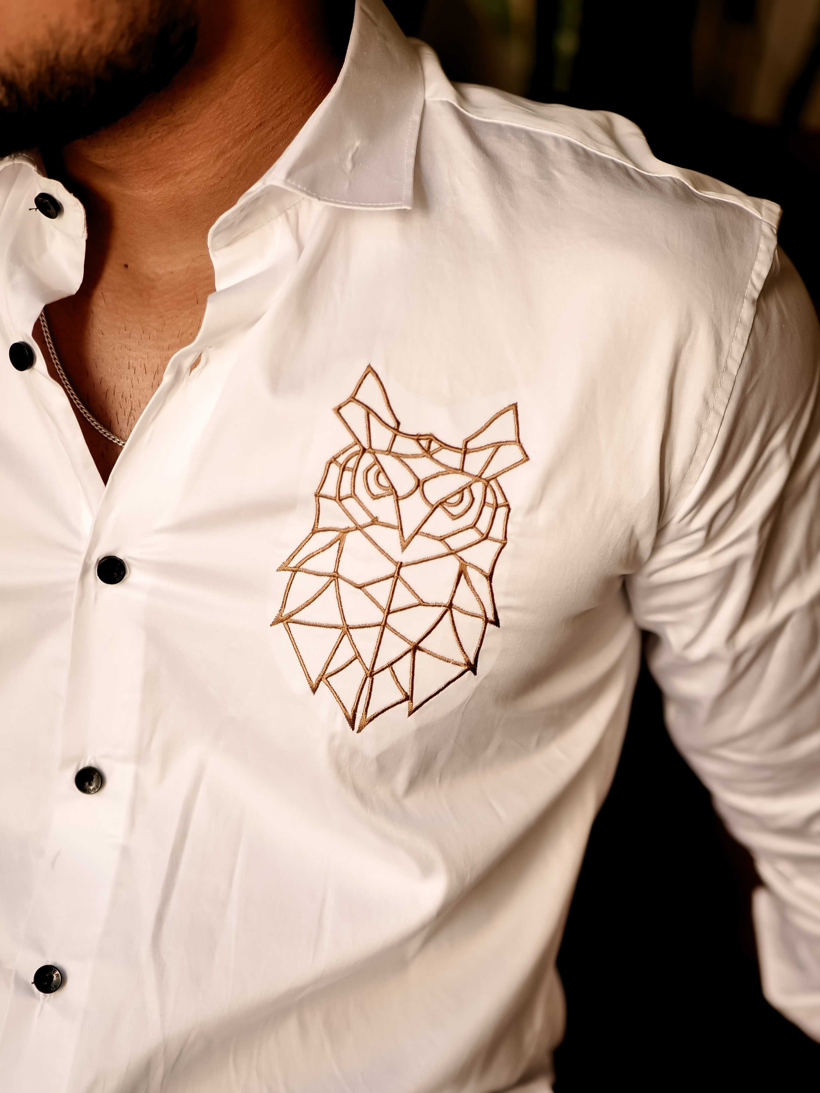 Geometric owl White Golden Embroidered Club Wear Satin Cotton Shirt