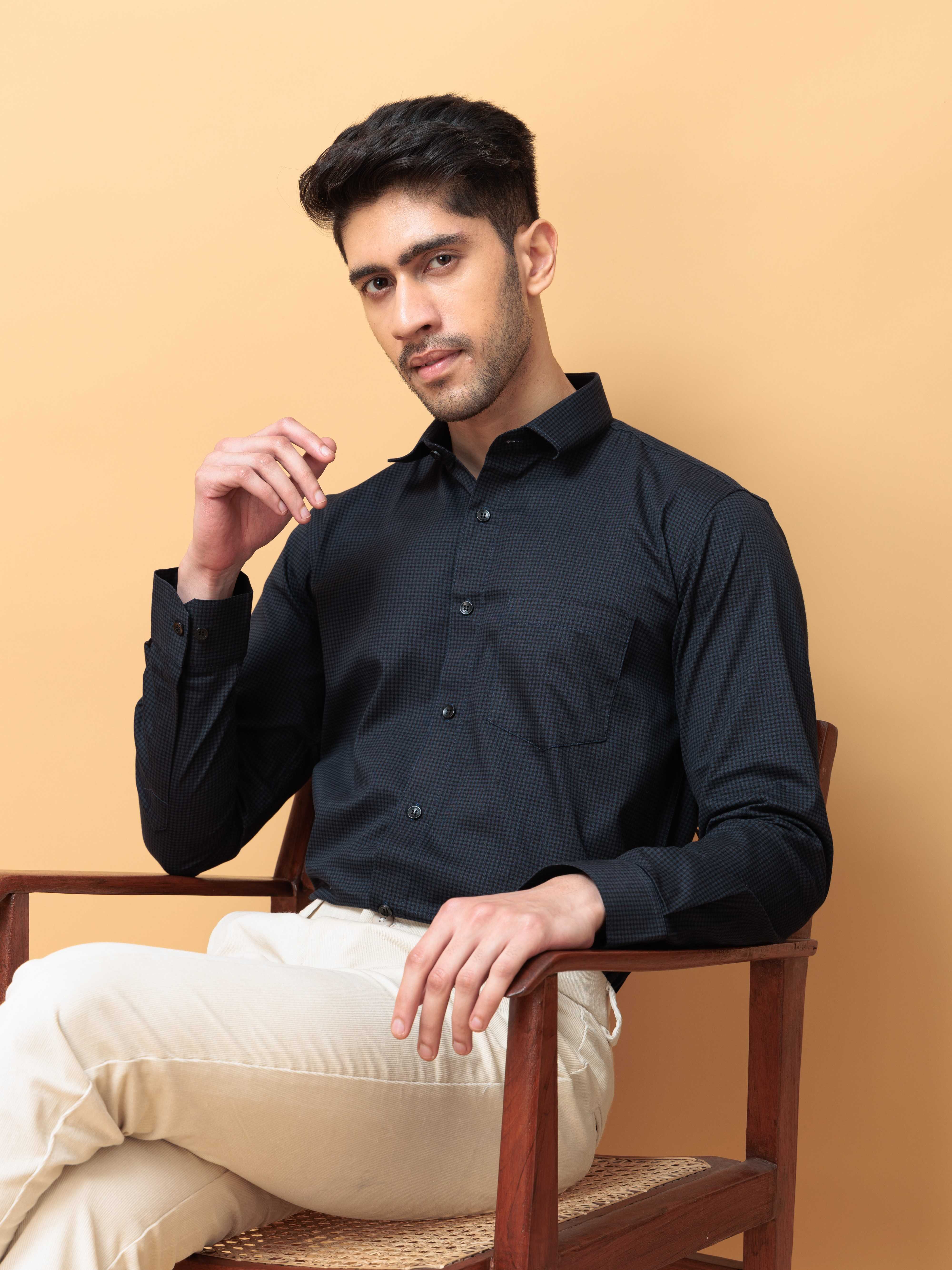 FOOMER NAVY MINI CHECKED COTTON CASUAL SHIRT FOE MEN'S