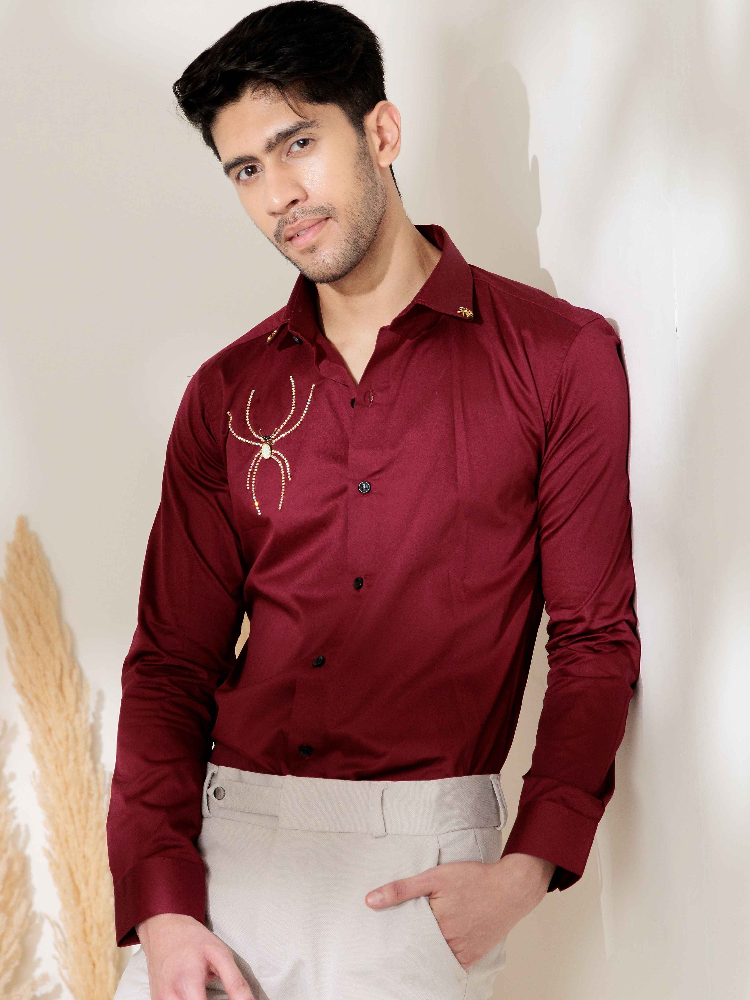 FOOMER MAROON RHINESTONE HAND WORK SATIN COTTON PREMIUM SHIRT FOR MEN
