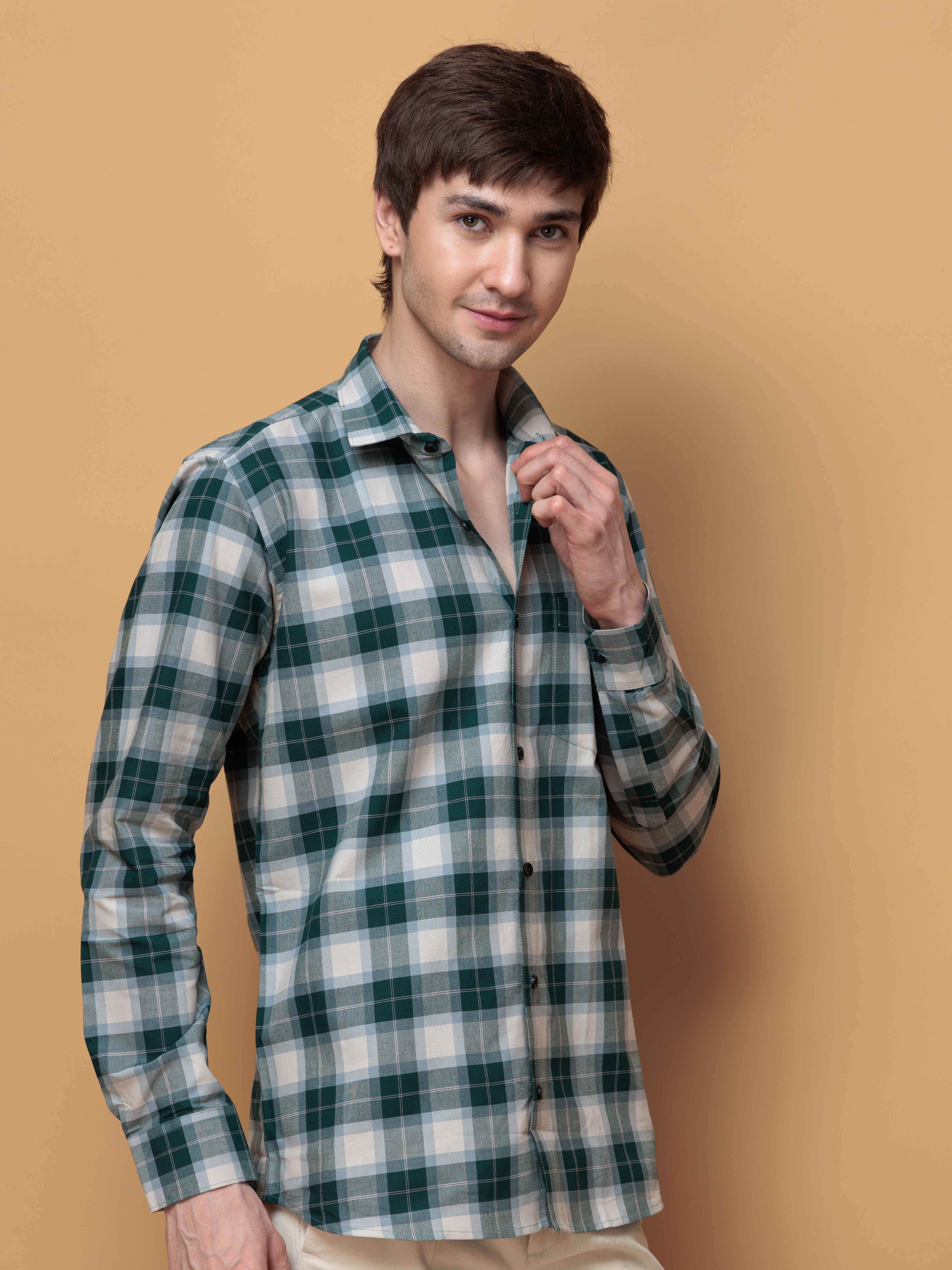 SQUARE GREEN CHECKED COTTON CASUAL SHIRT FOR MEN'S
