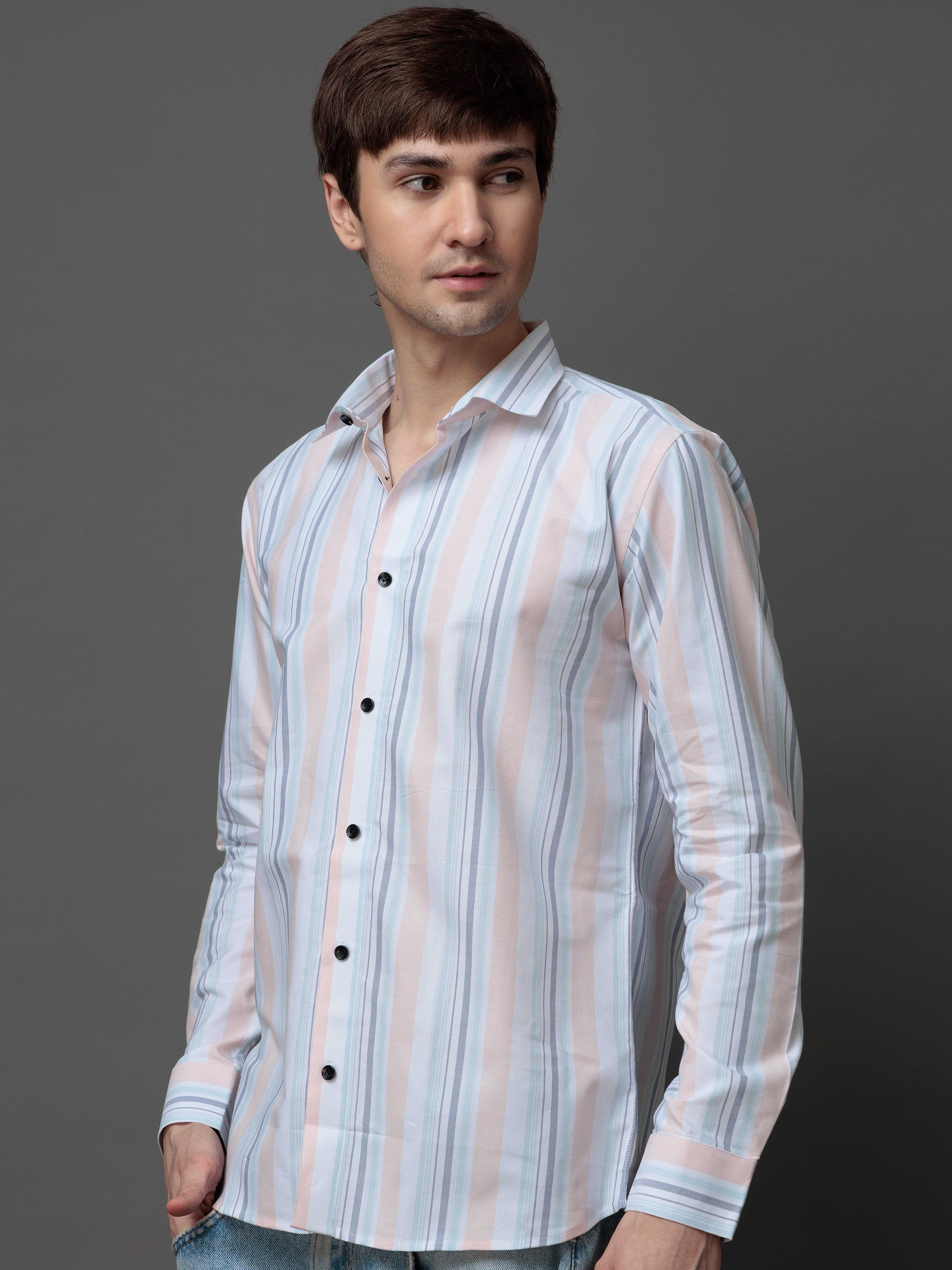 PEACH MULTI STRIPES COTTON REGULAR FIT MEN'S CASUAL SHIRT FOR MEN'S