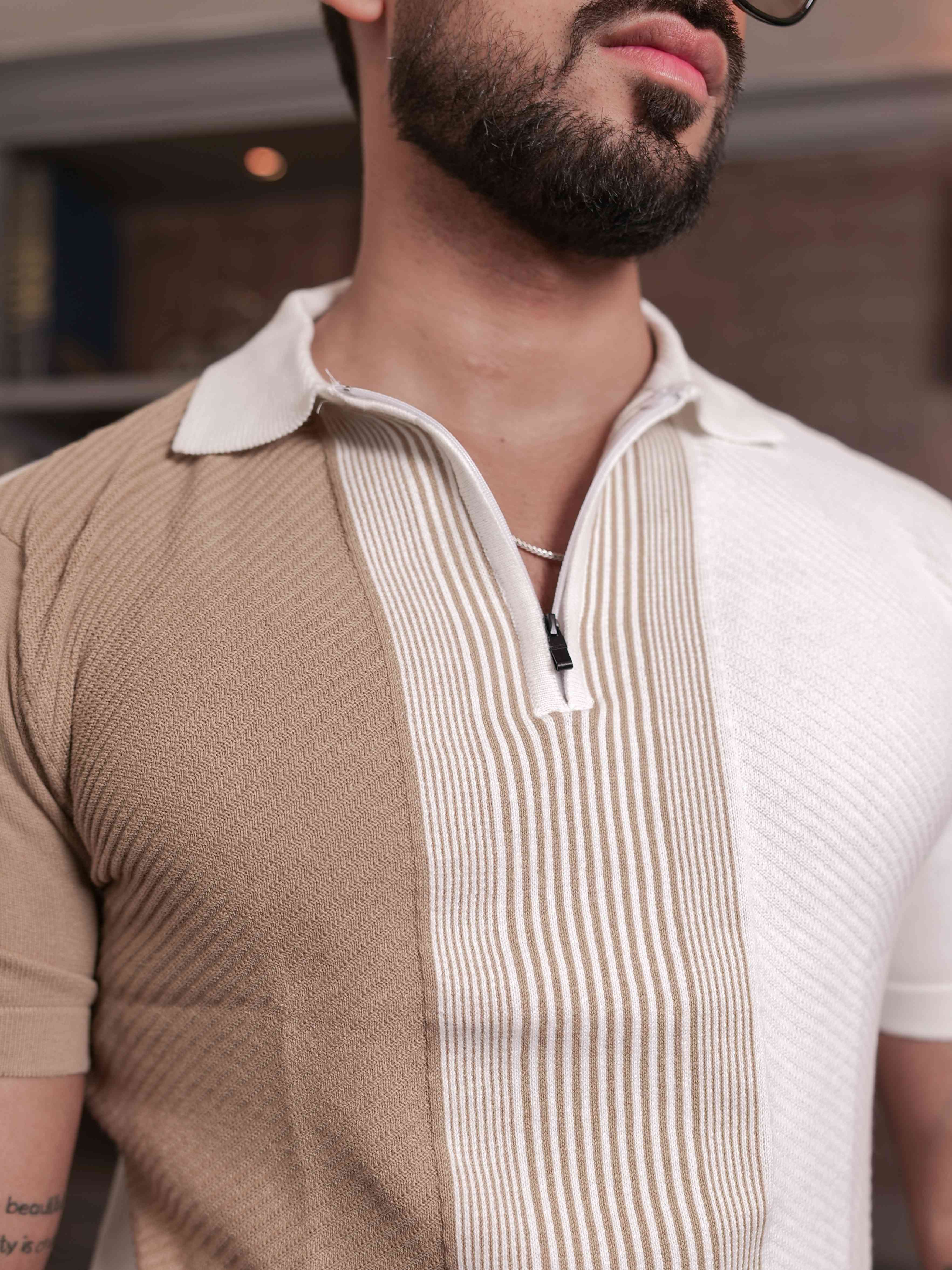 FOOMER CREAM AND WHITE HALF SLEEVE KNITED TSHIRT FOR MEN'S