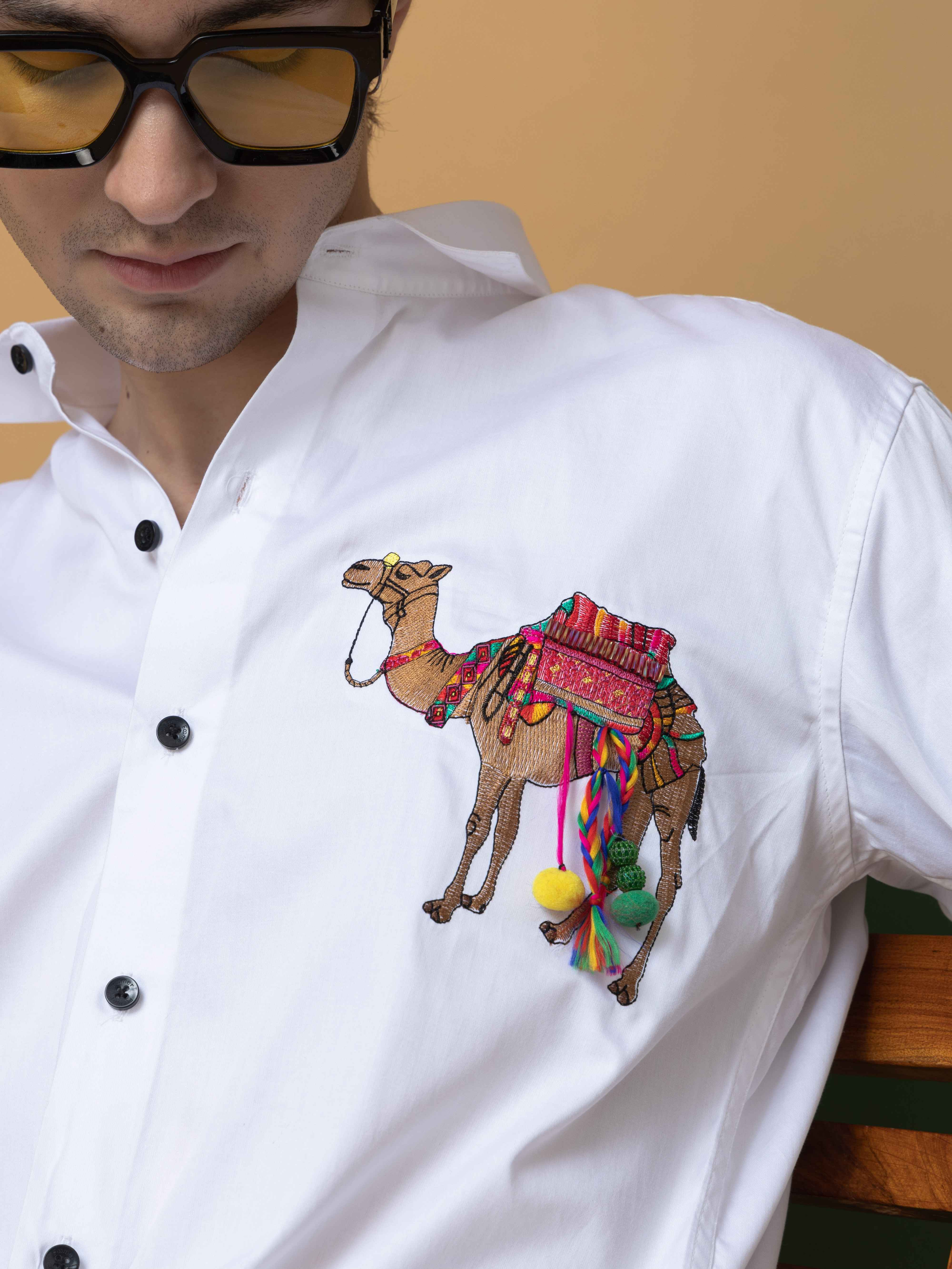 WHITE CAMEL EMBROIDERED DESIGNER SATIN COTTON SHIRT FOR MEN'S