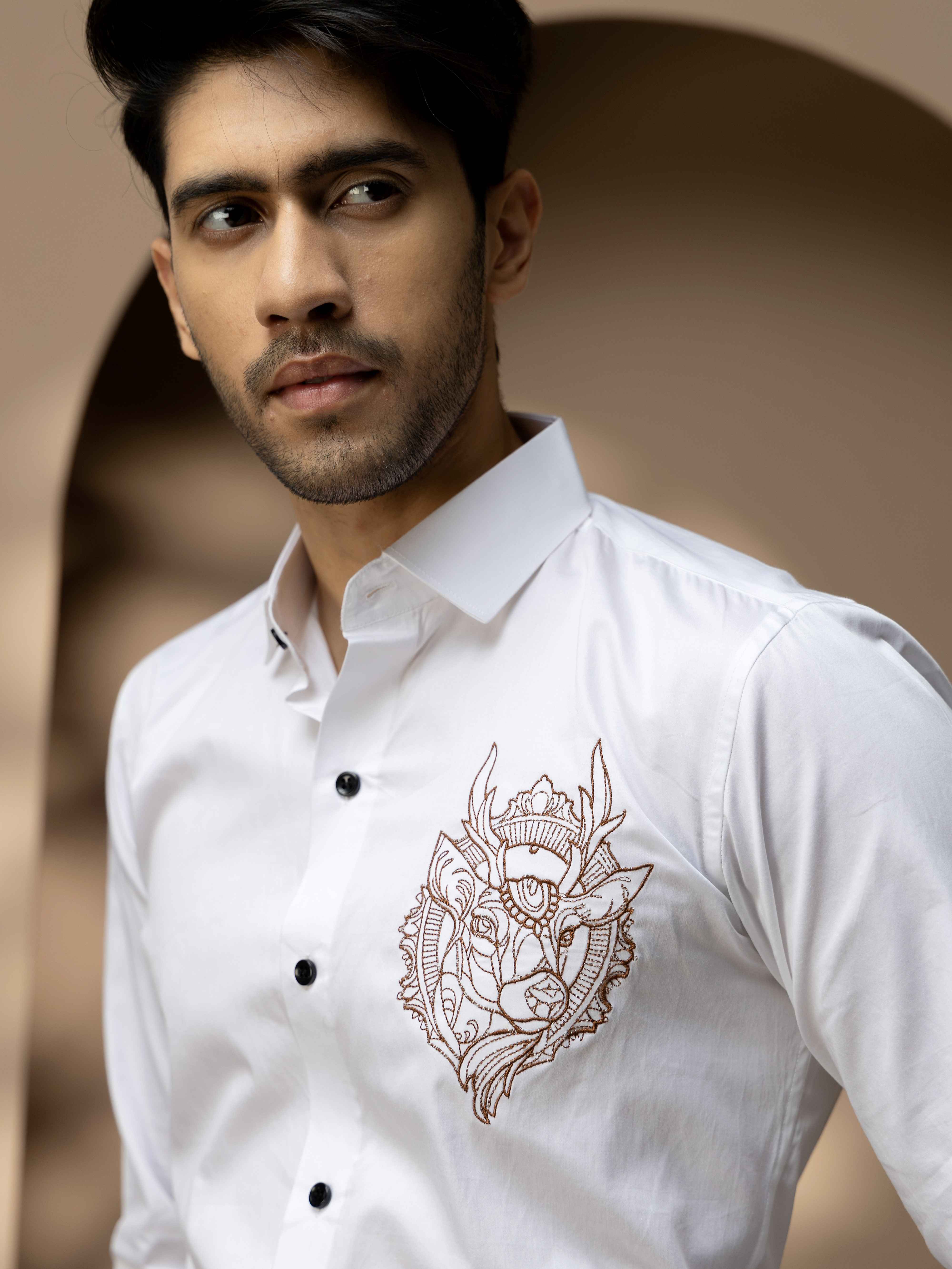 Foomer Moose White Embroidered Club Wear Satin Cotton Shirt
