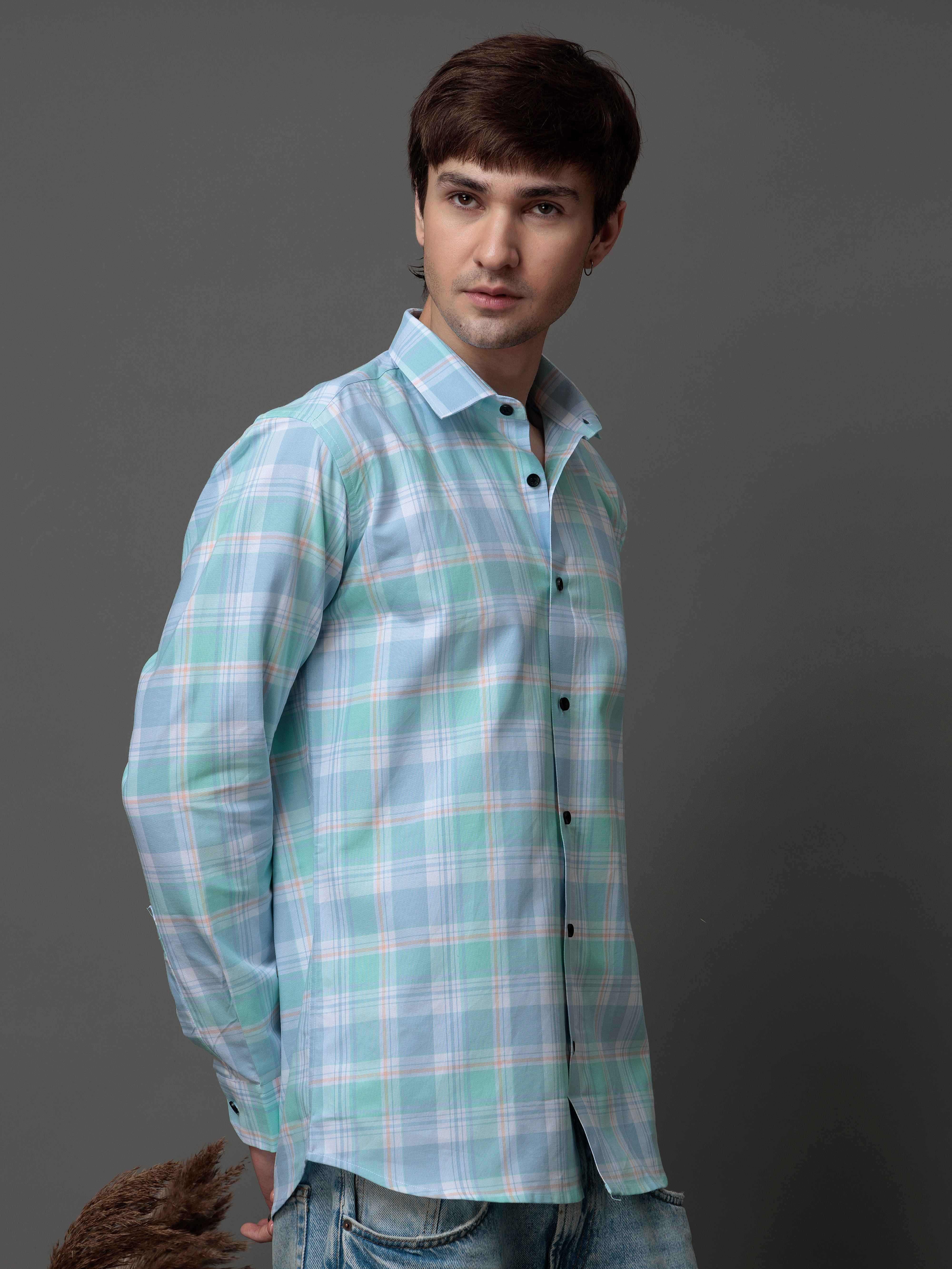BOX CYAN CHECKED COTTON CASUAL SHIRT FOR MEN'S