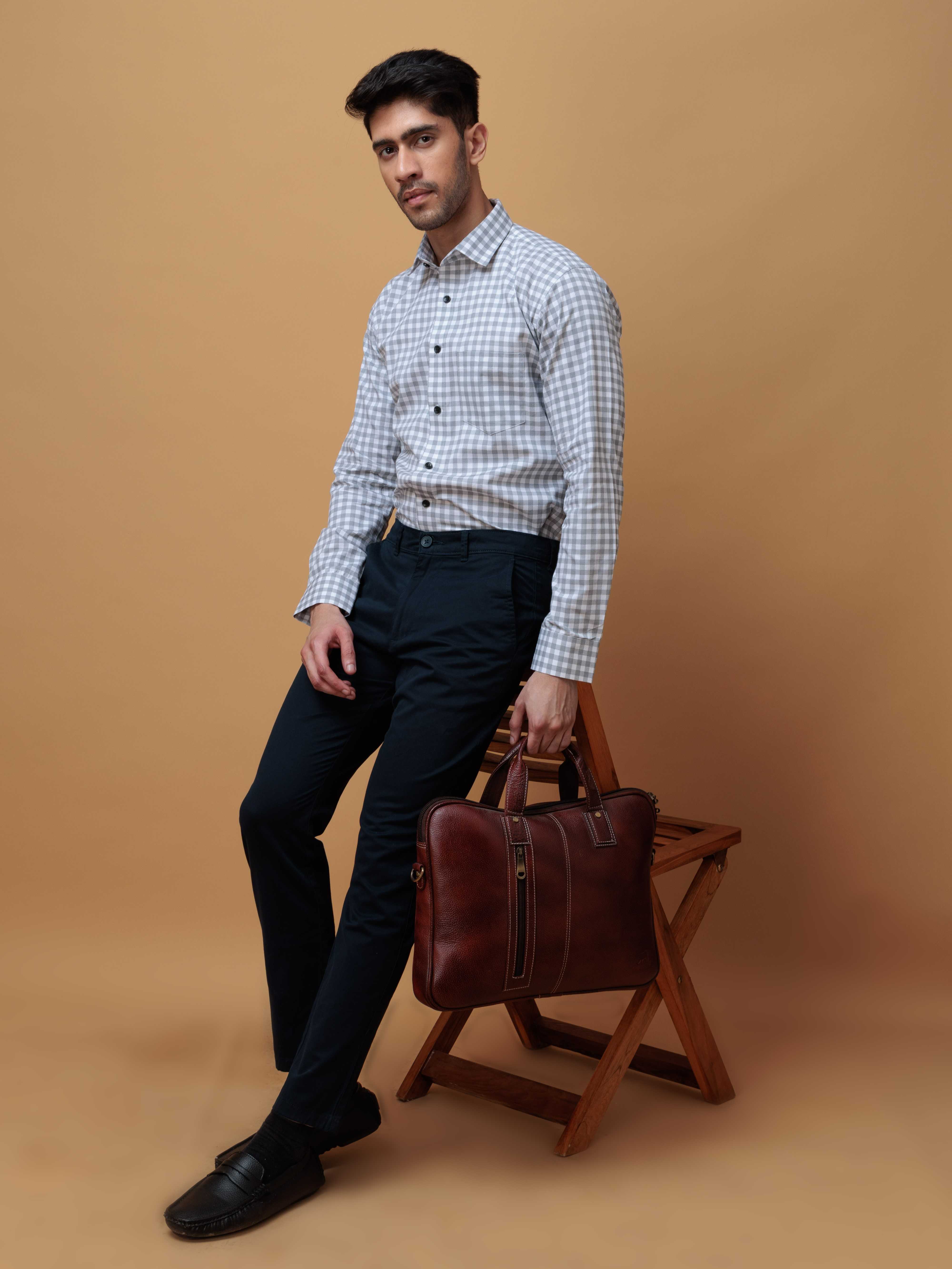 GREY CHECKERED PRINTED COTTON CASUAL SHIRT FOR MEN'S