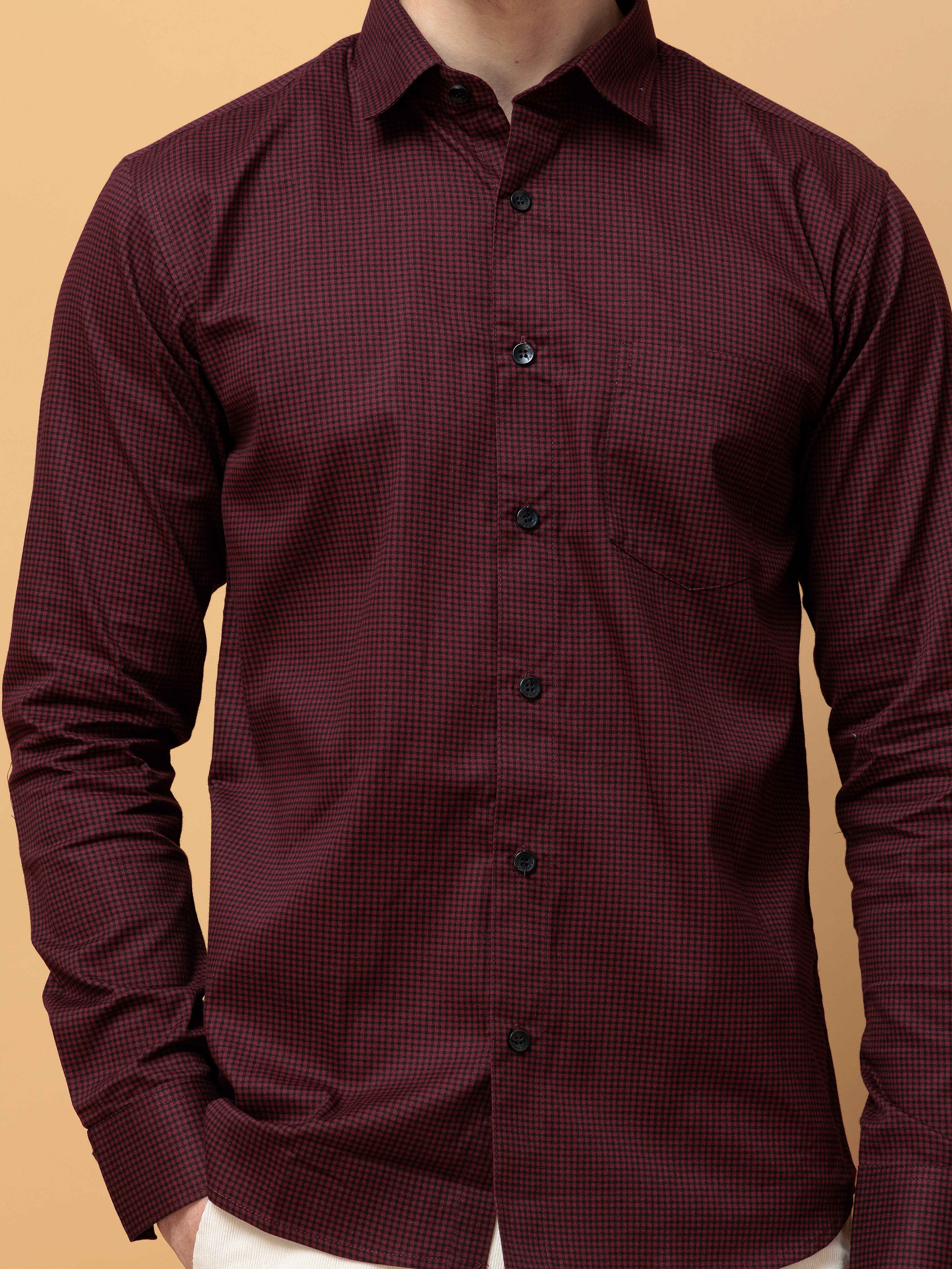 FOOMER WINE MINI CHECKED COTTON CASUAL SHIRT FOR MEN'S