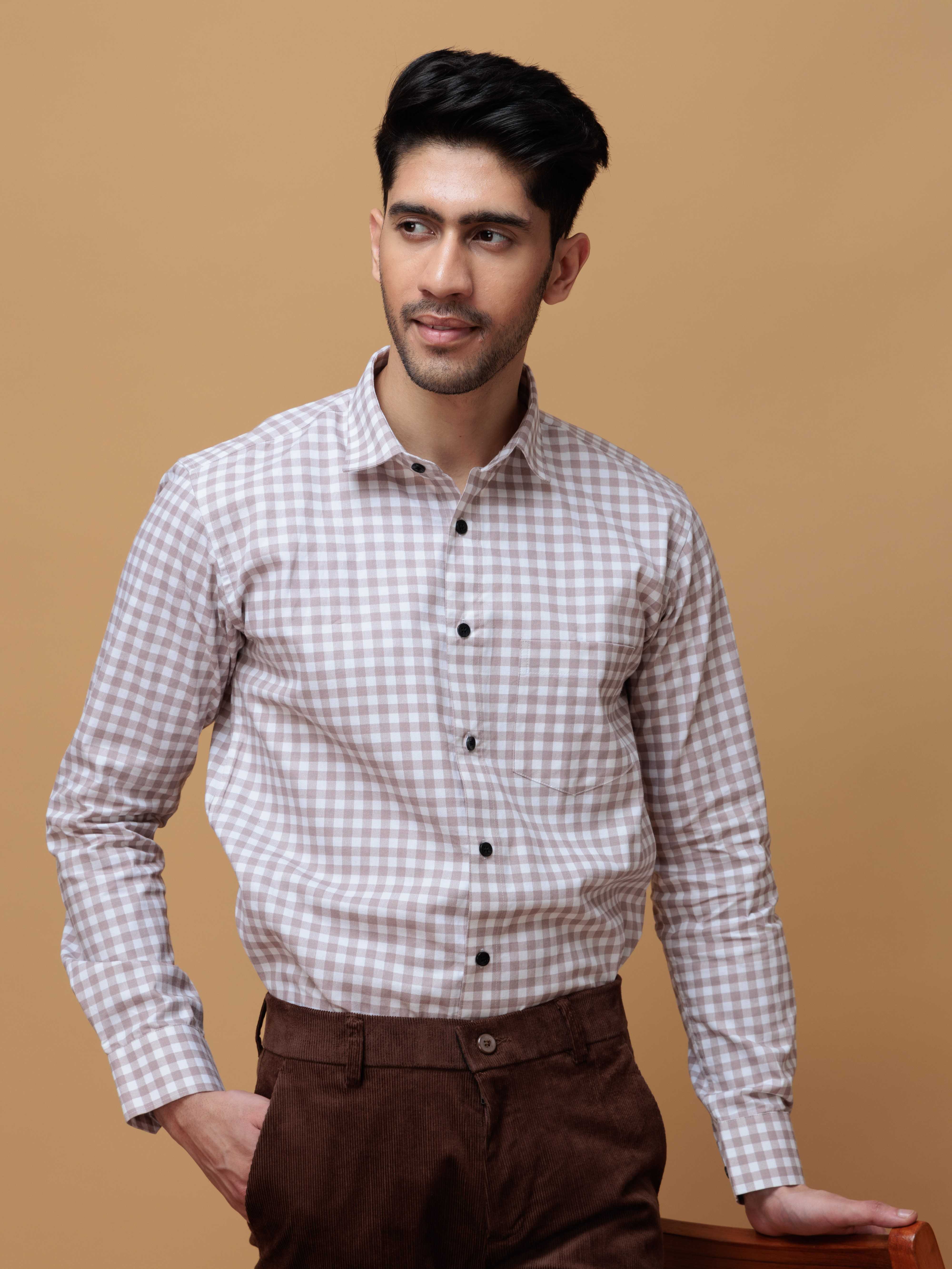 BROWN CHECKERD PRINTED COTTON CASUAL SHIRT FOR MEN'S