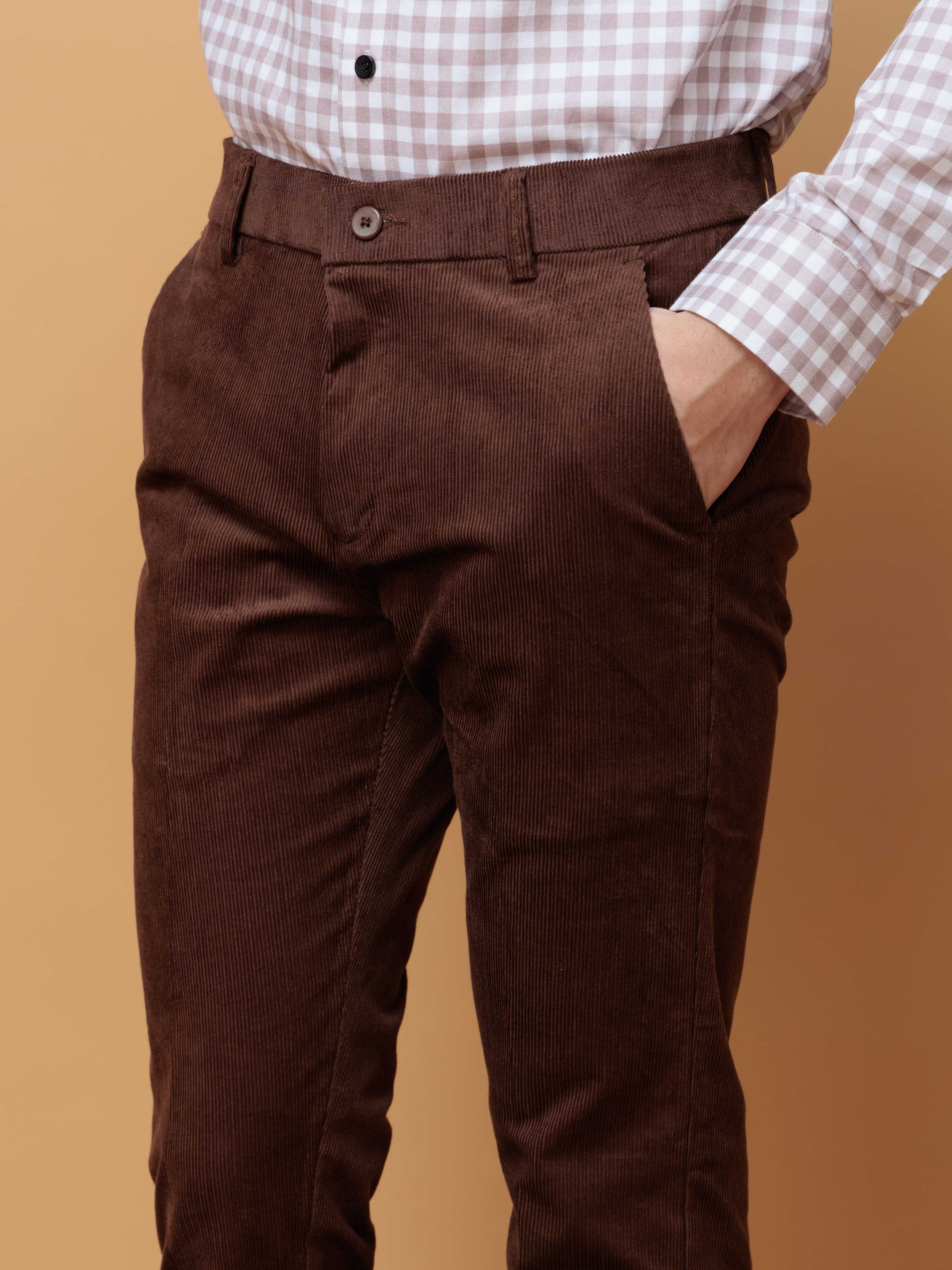 BROWN CORDUROY RELAXED FIT TROUSERS FOR MEN'S