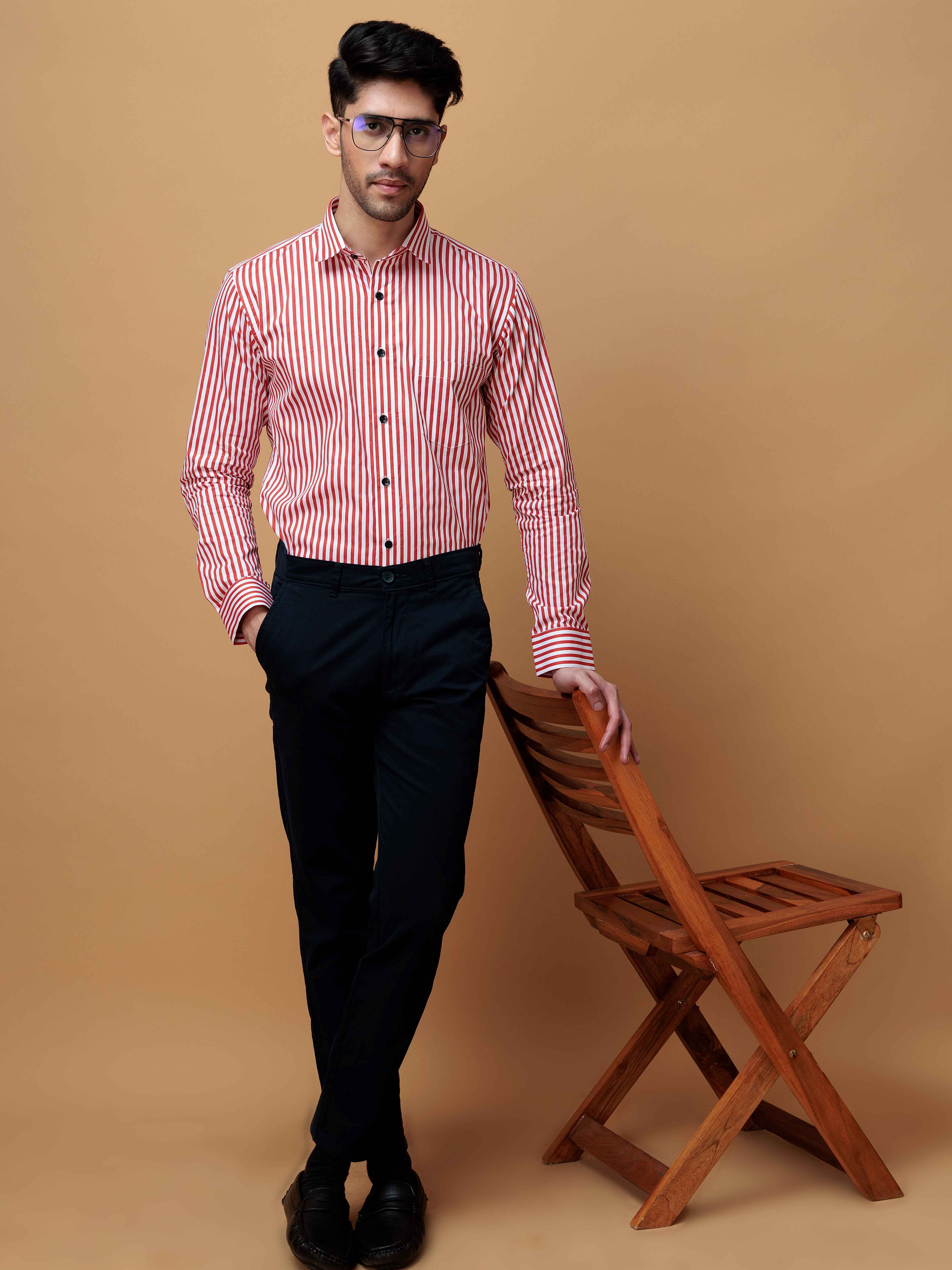 RED STRIPED COTTON REGULAR FIT MEN'S CASUAL SHIRT FOR MEN'S