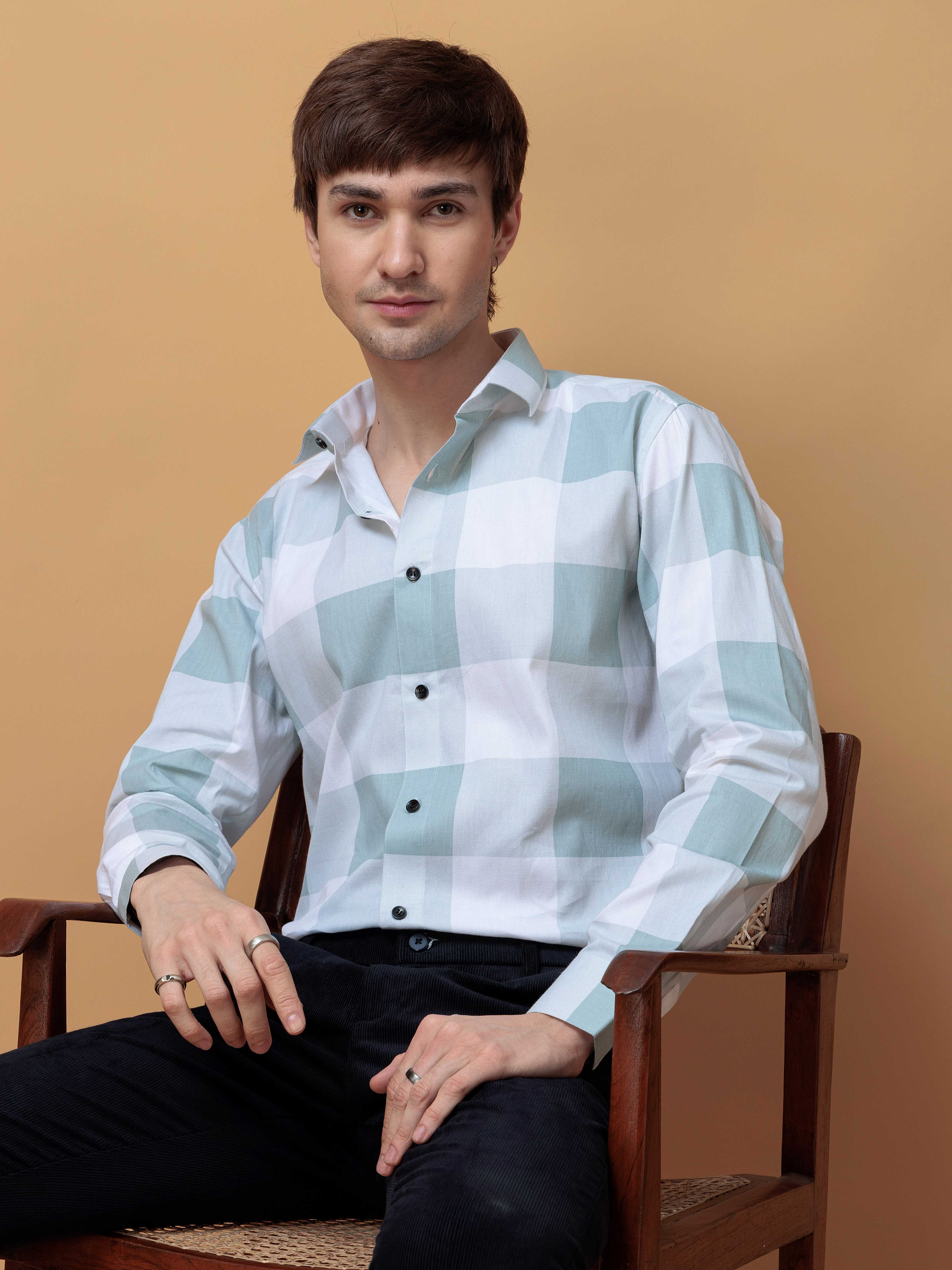 FOOMER GREEN CHECKS COTTON CASUAL SHIRT FOR MEN'S