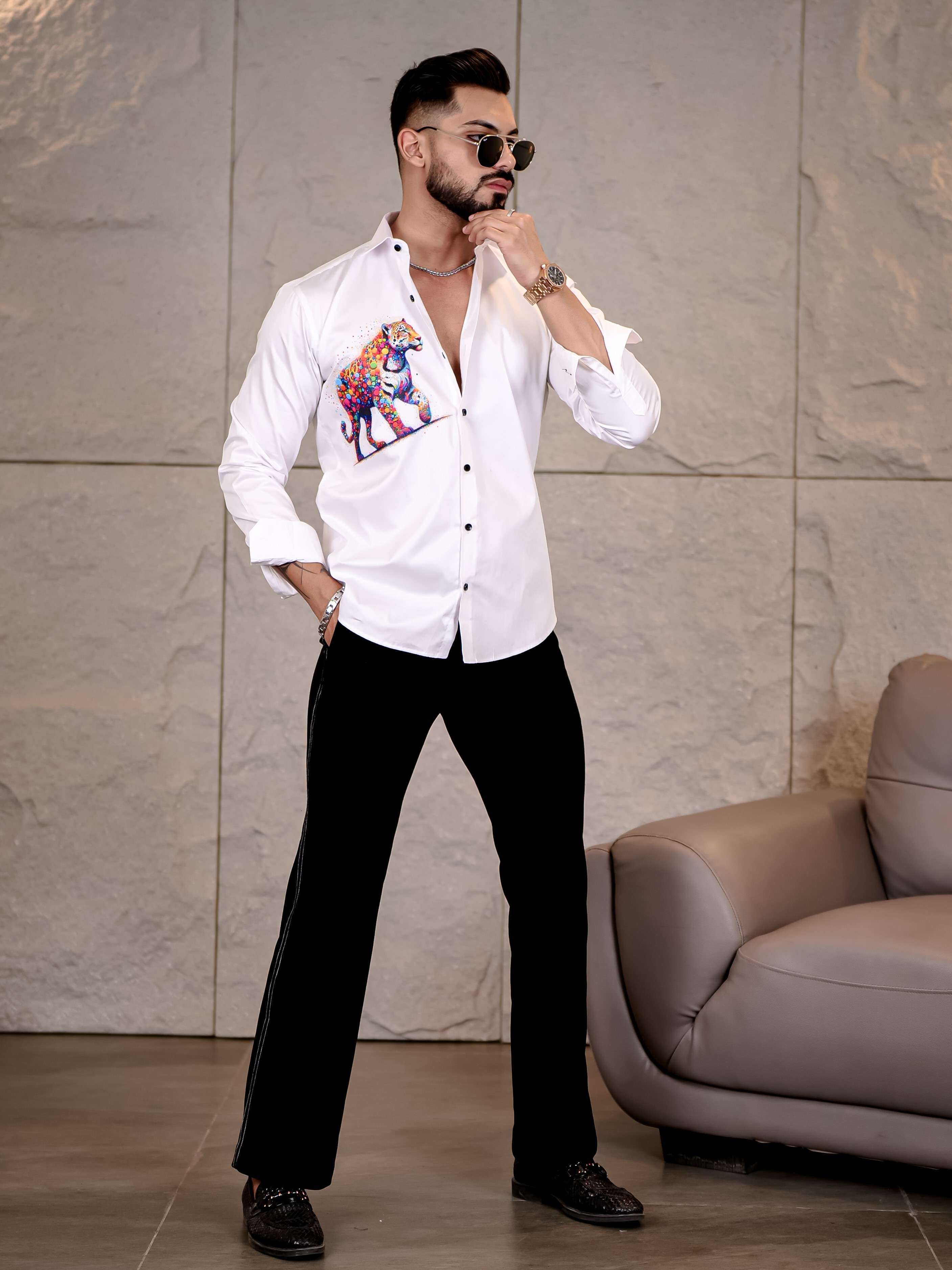 White Club Wear Tiger Printed Satin Cotton Shirt