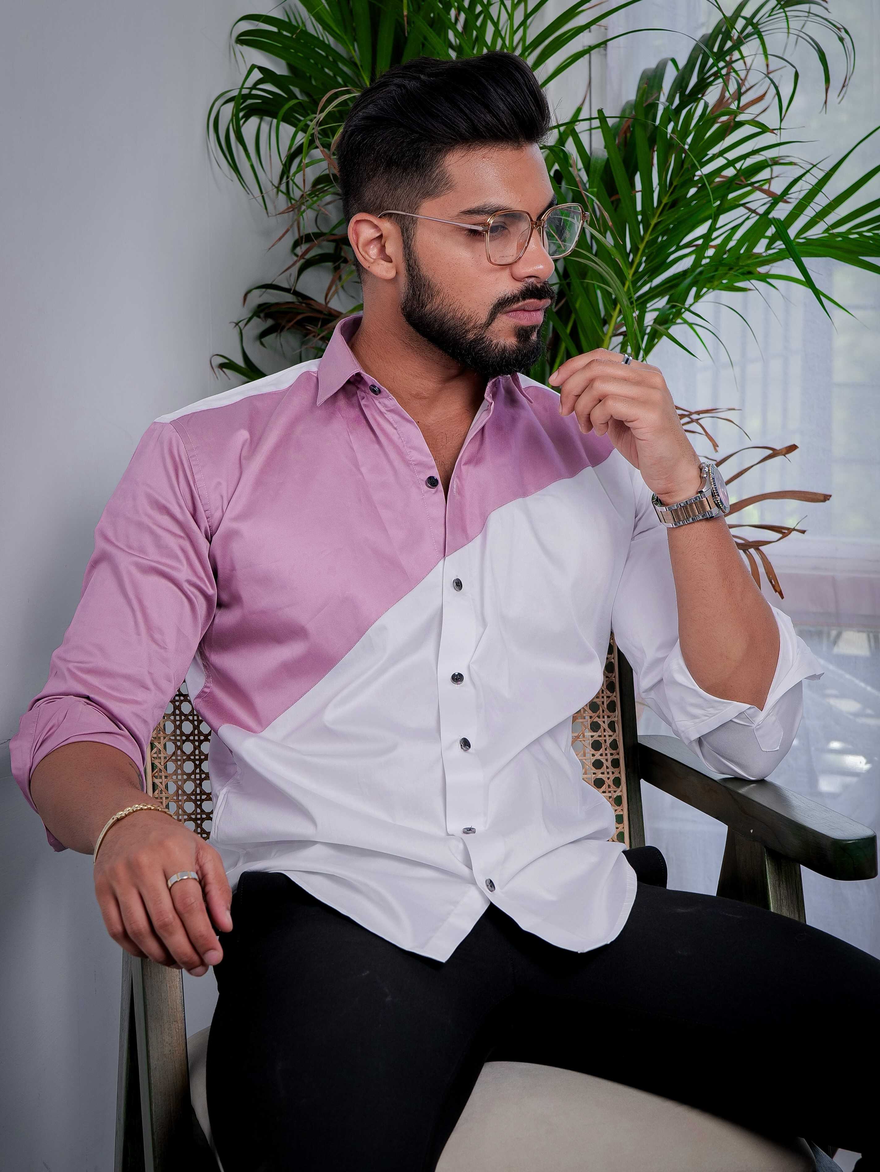 White And Purple Designer Satin Cotton Shirt