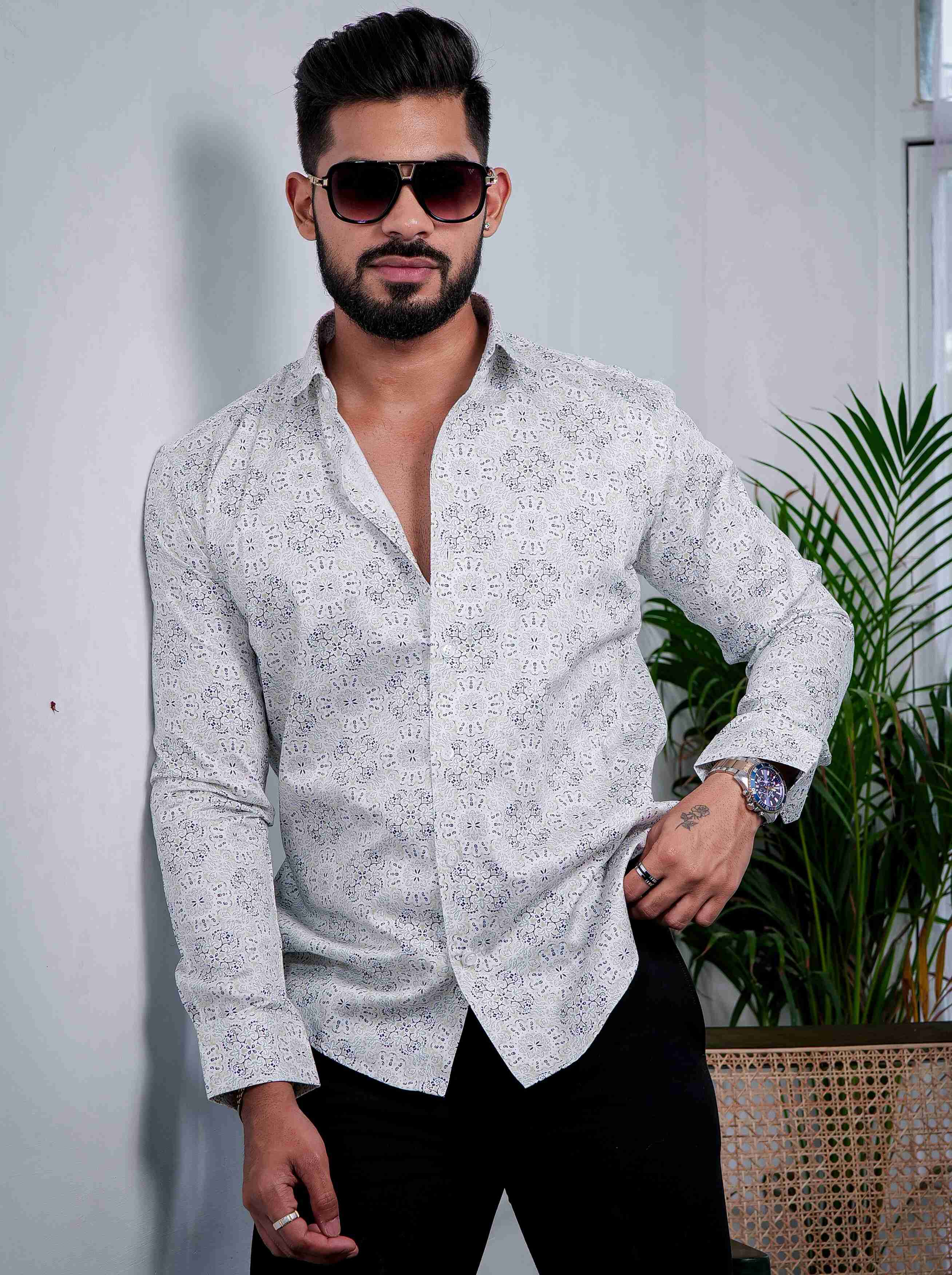 White Cotton Print Premium Shirt