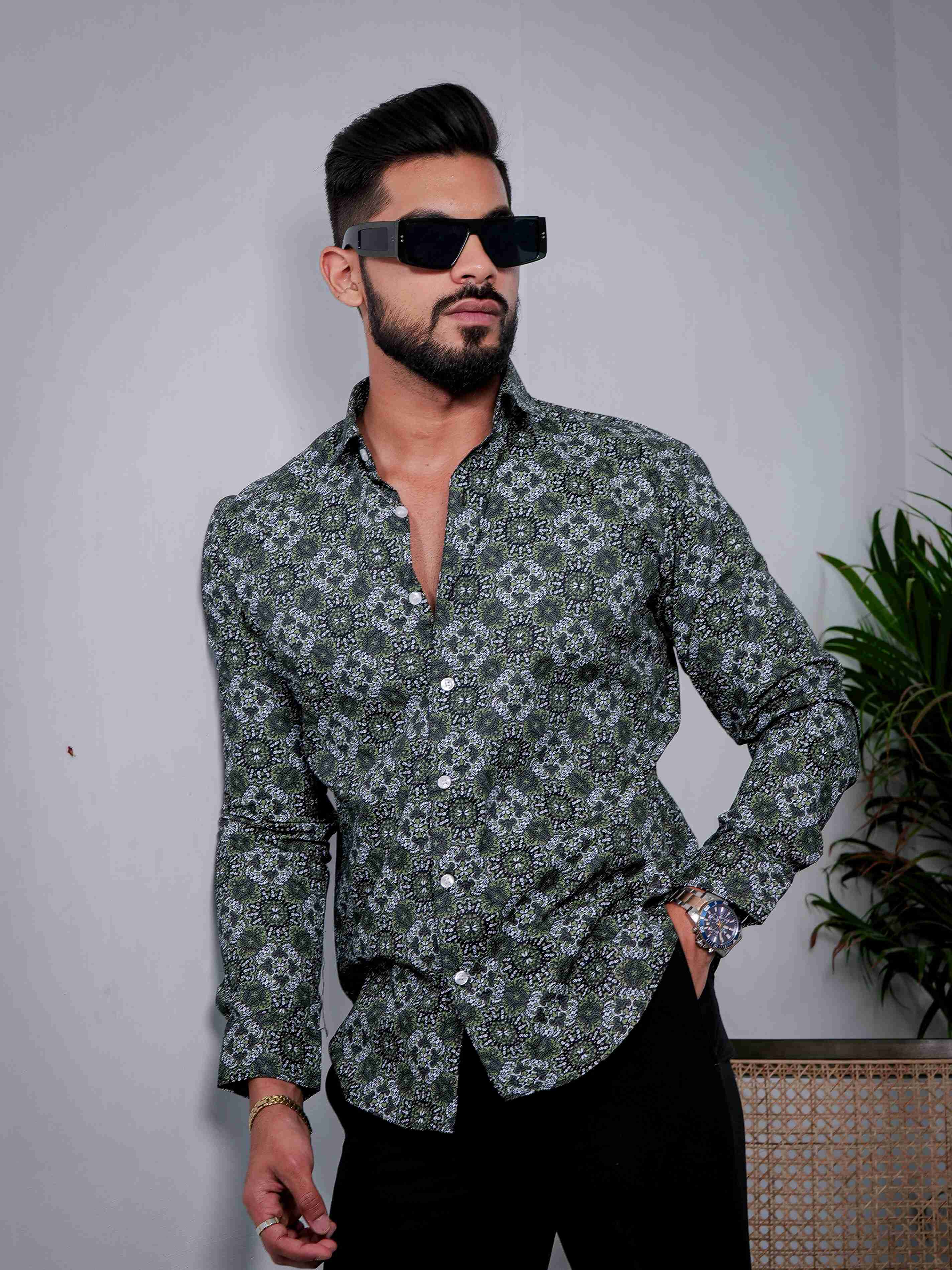 Green Cotton Print Premium Shirt