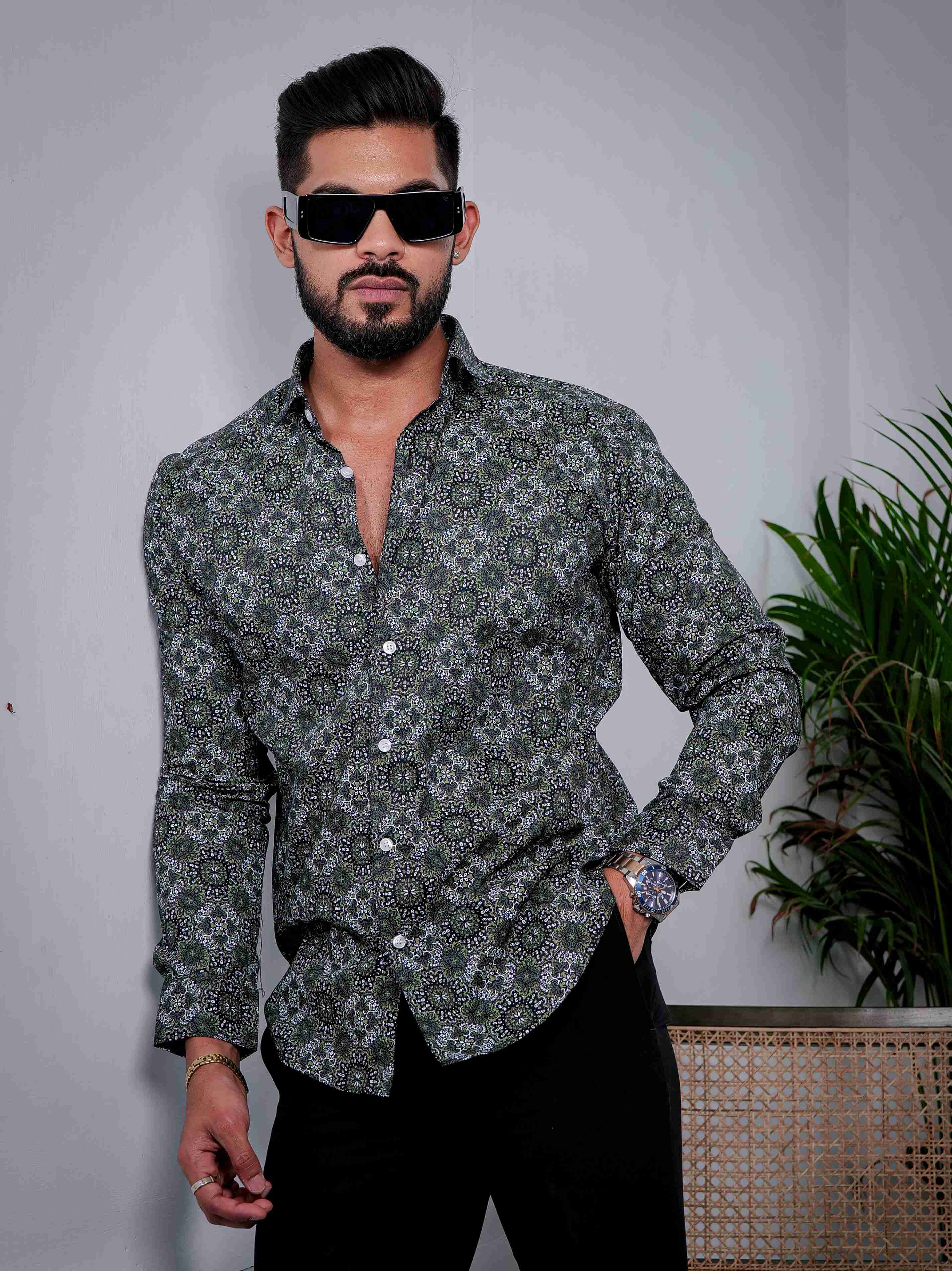 Green Cotton Print Premium Shirt