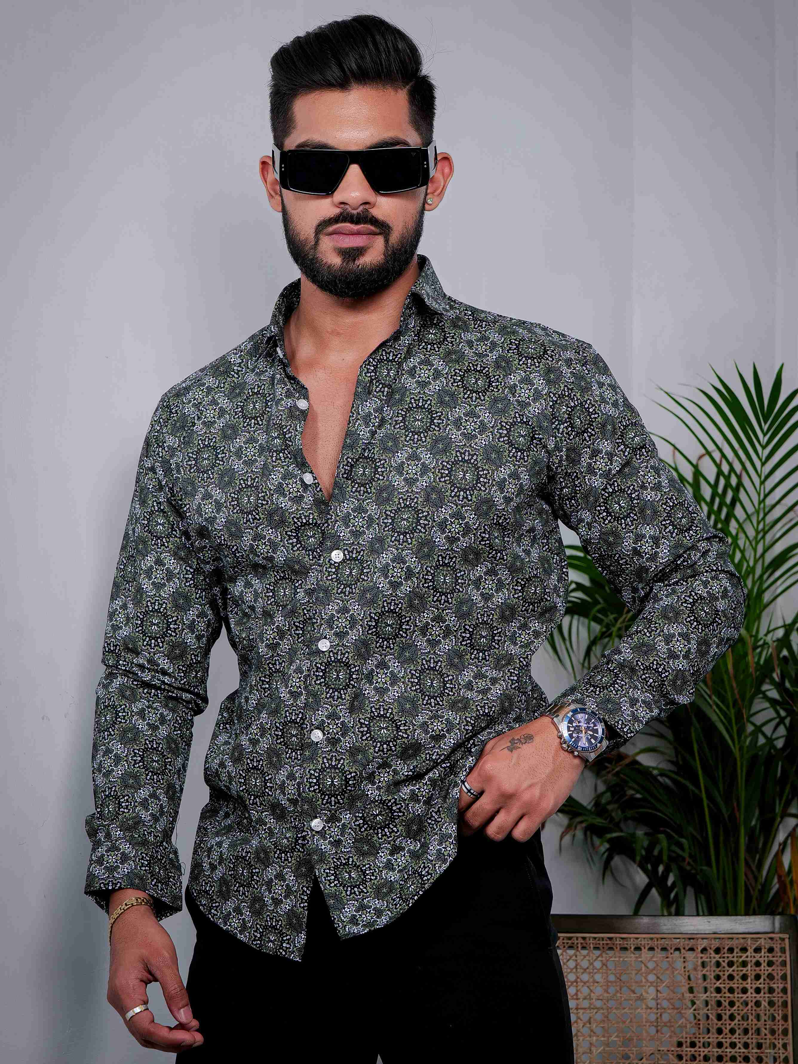 Green Cotton Print Premium Shirt