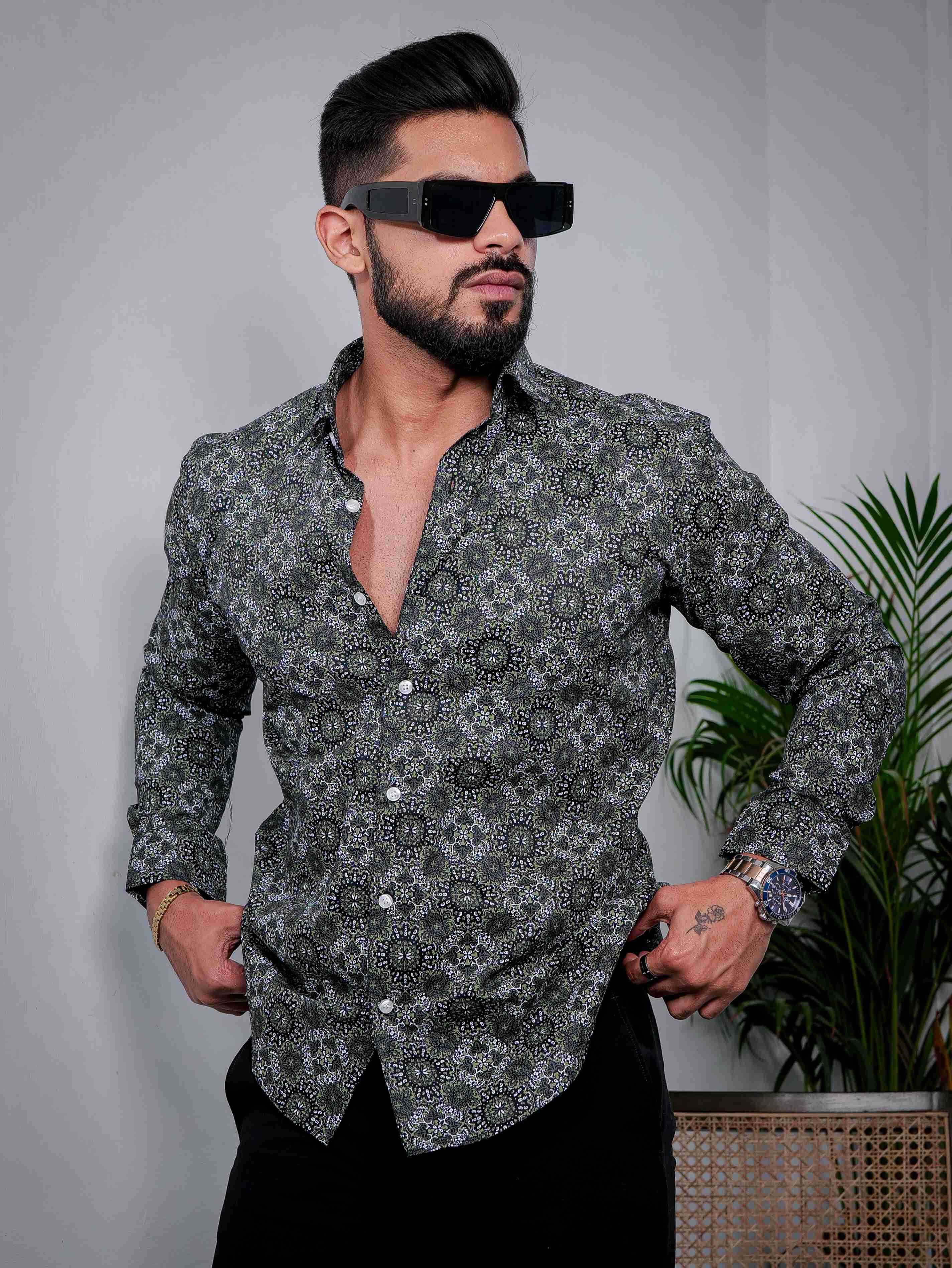 Green Cotton Print Premium Shirt