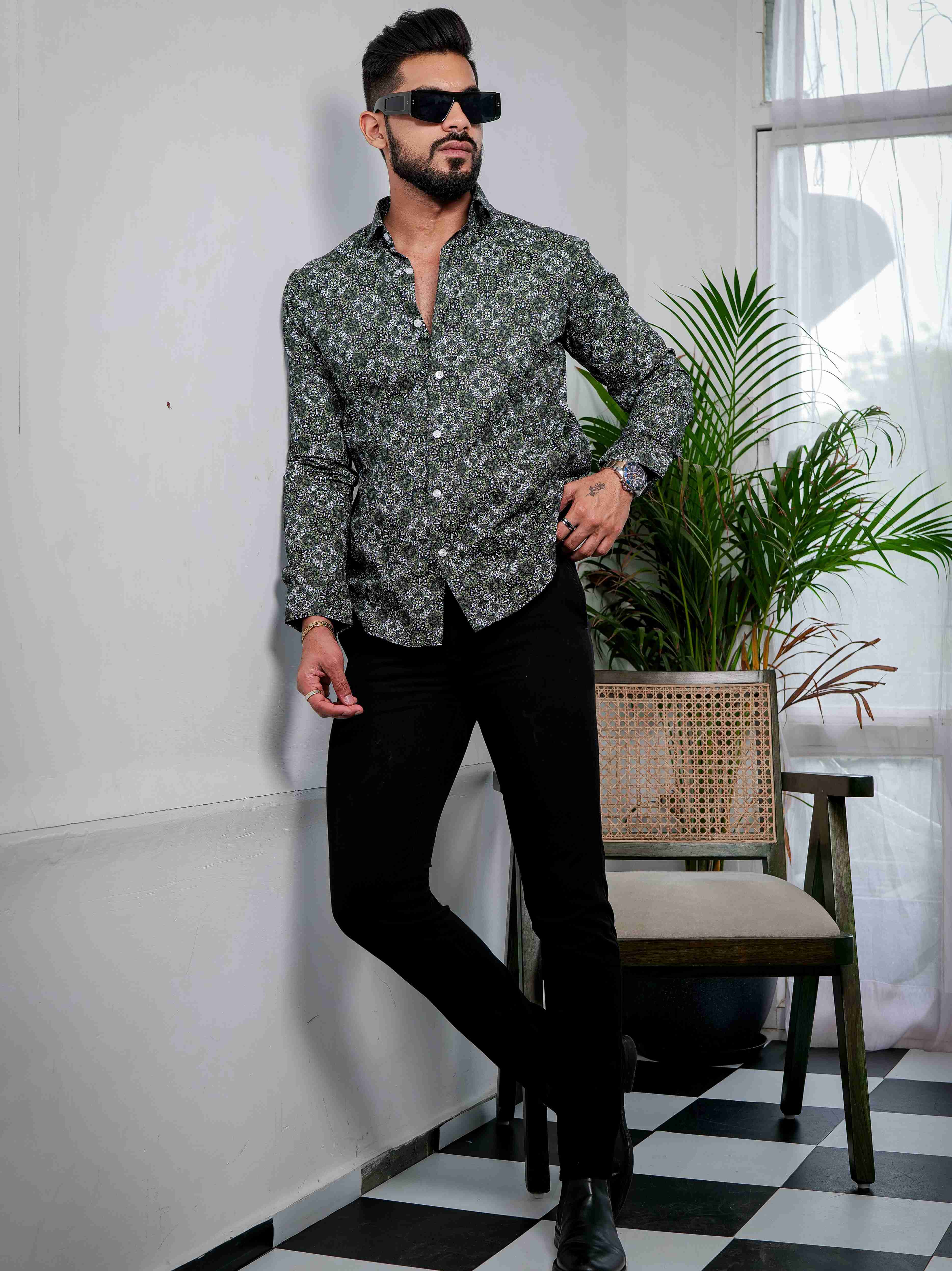 Green Cotton Print Premium Shirt