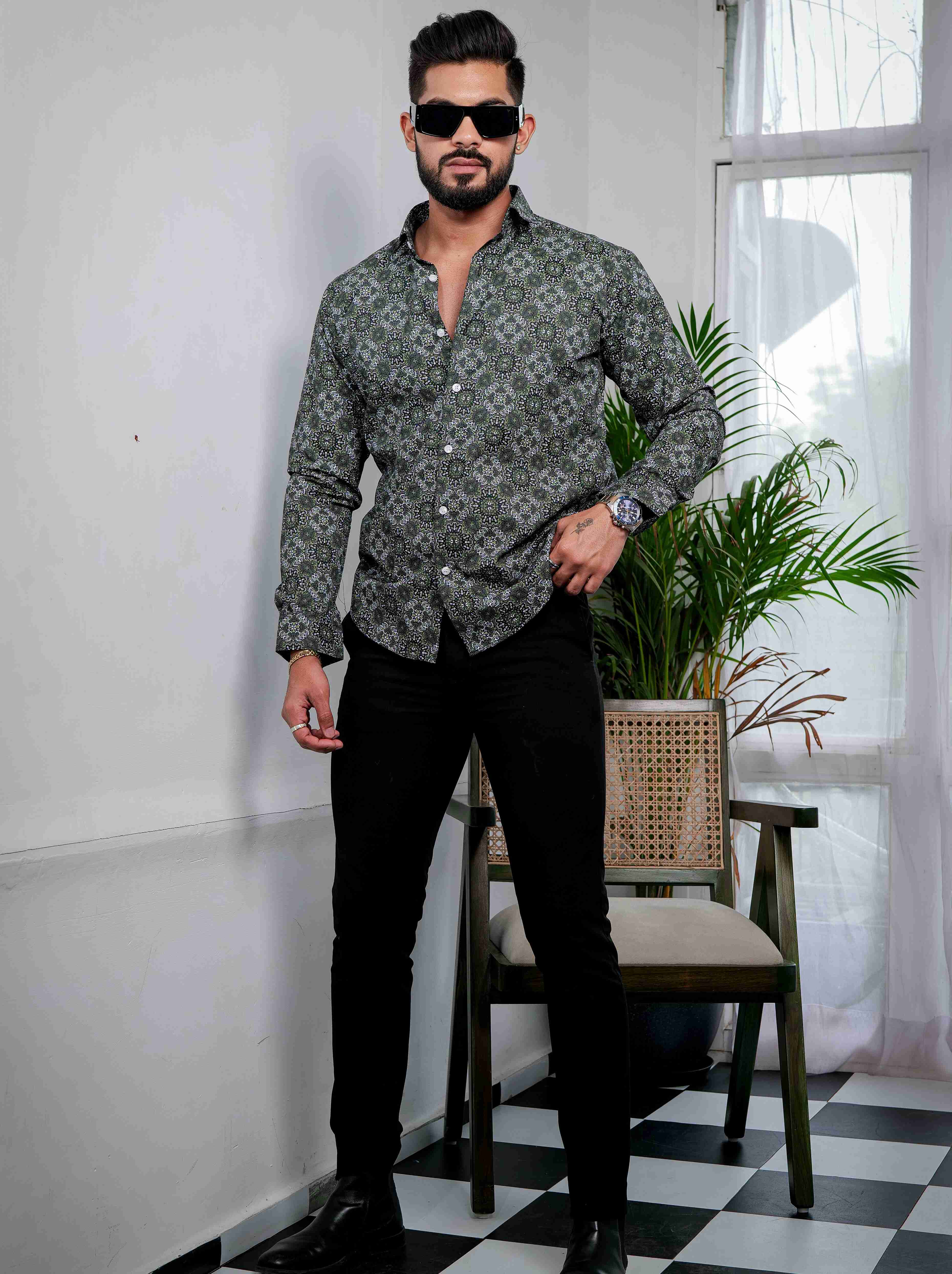 Green Cotton Print Premium Shirt