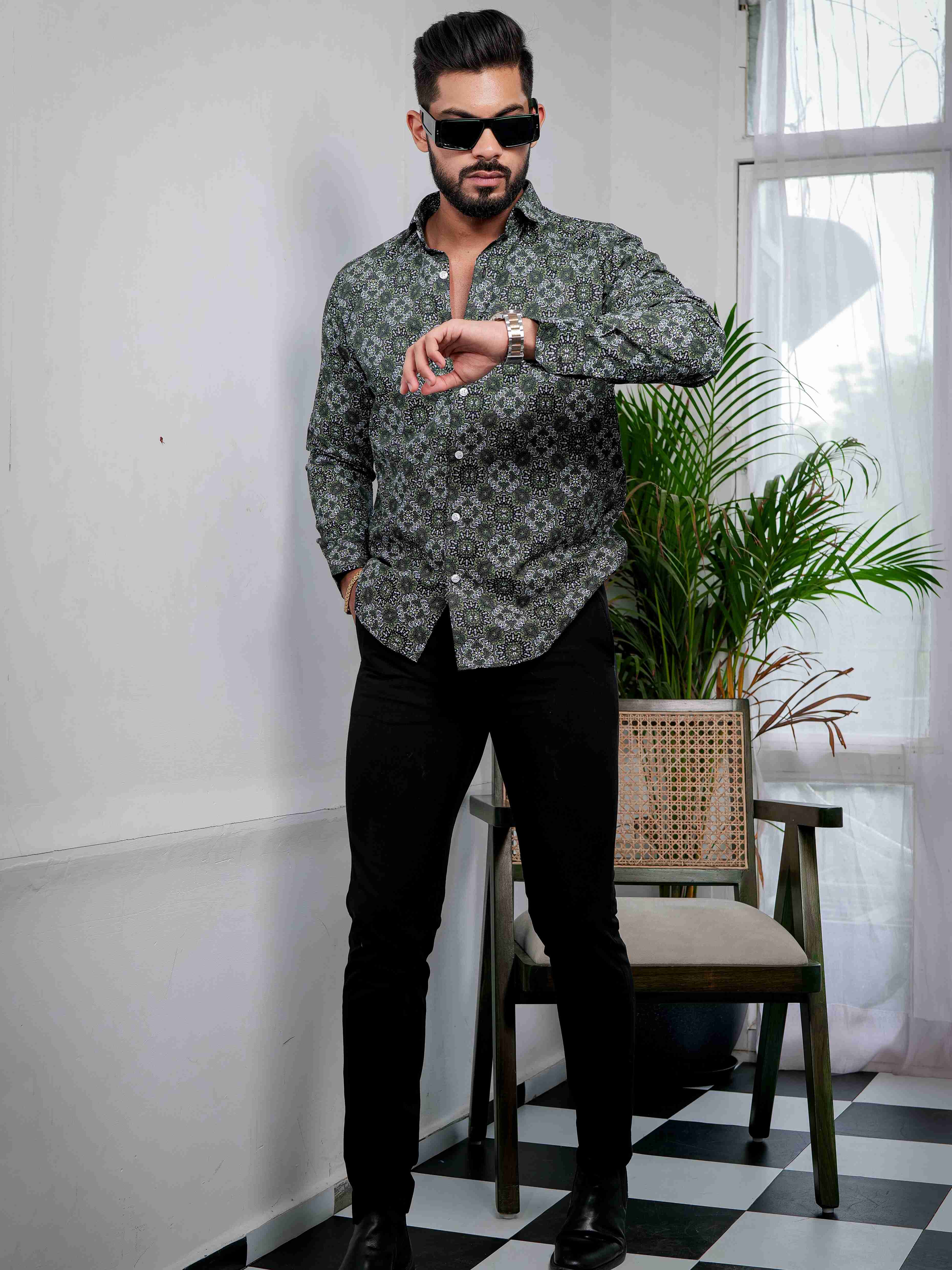 Green Cotton Print Premium Shirt