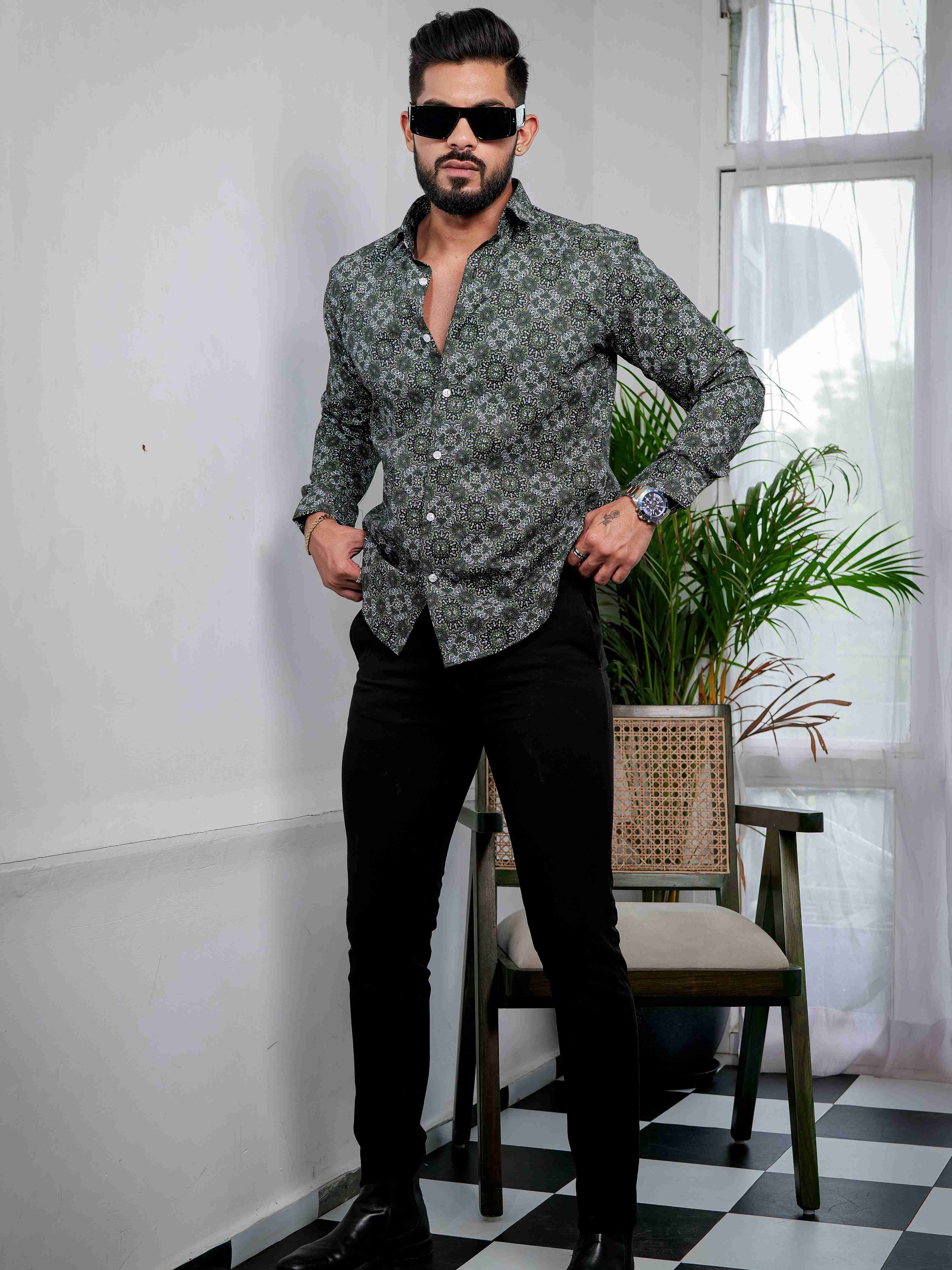 Green Cotton Print Premium Shirt