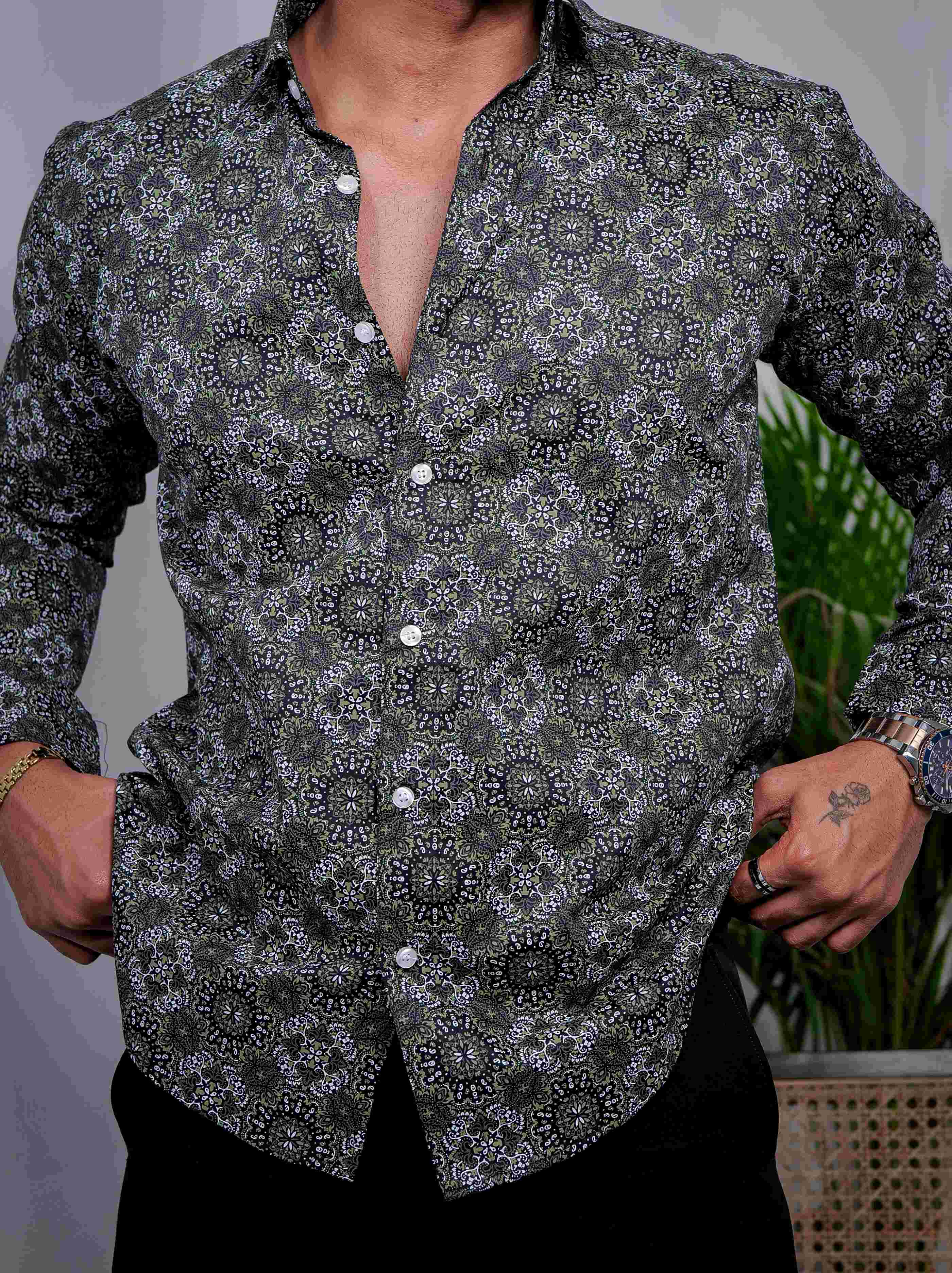 Green Cotton Print Premium Shirt