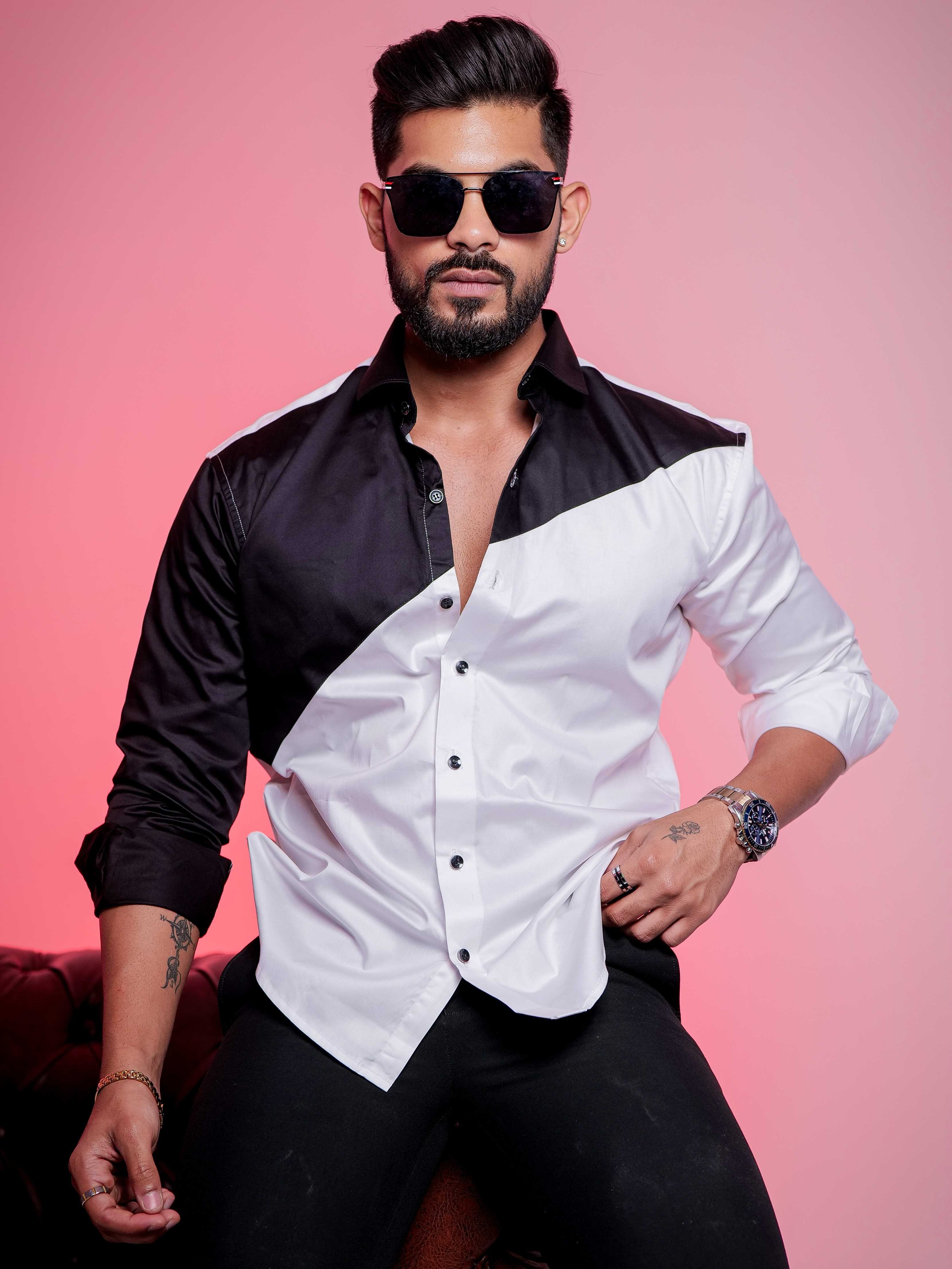 White and Black Satin Cotton Shirt