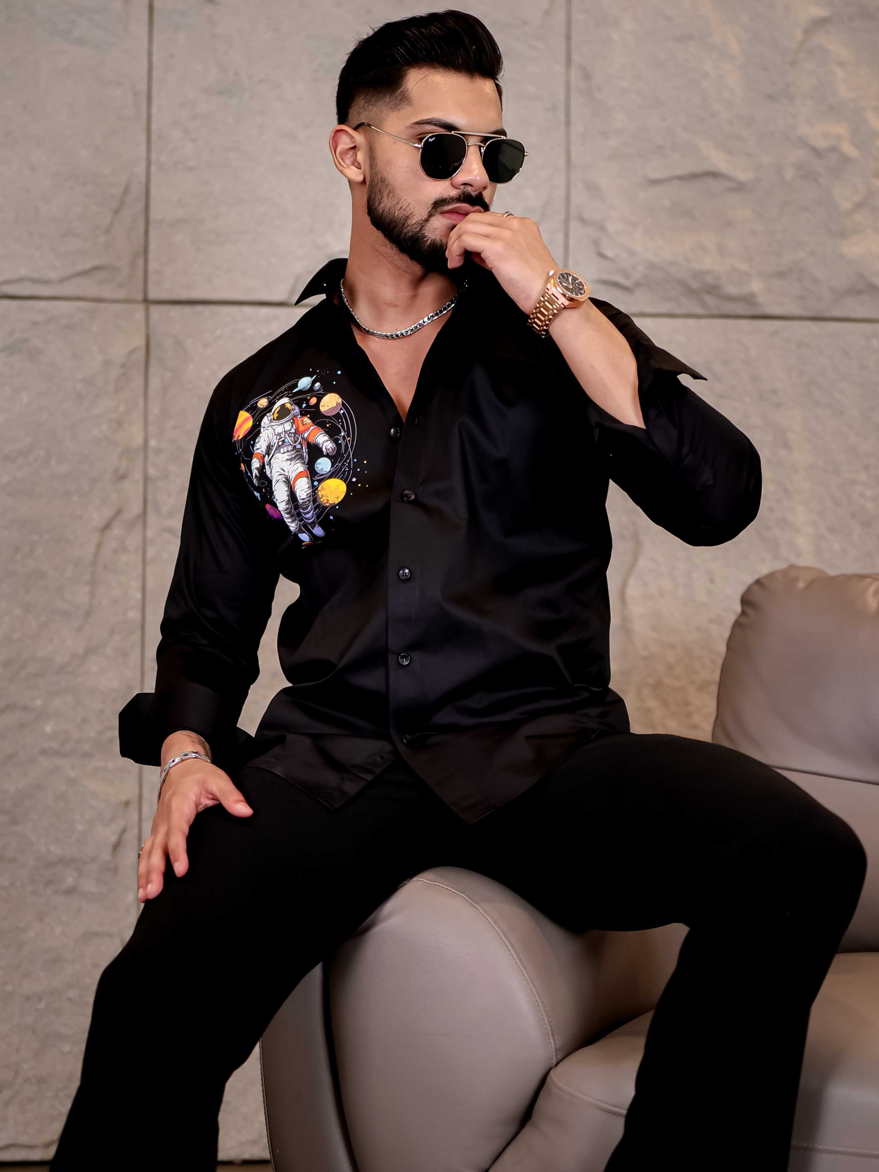 Black Club Wear Planets Printed Satin Cotton Shirt