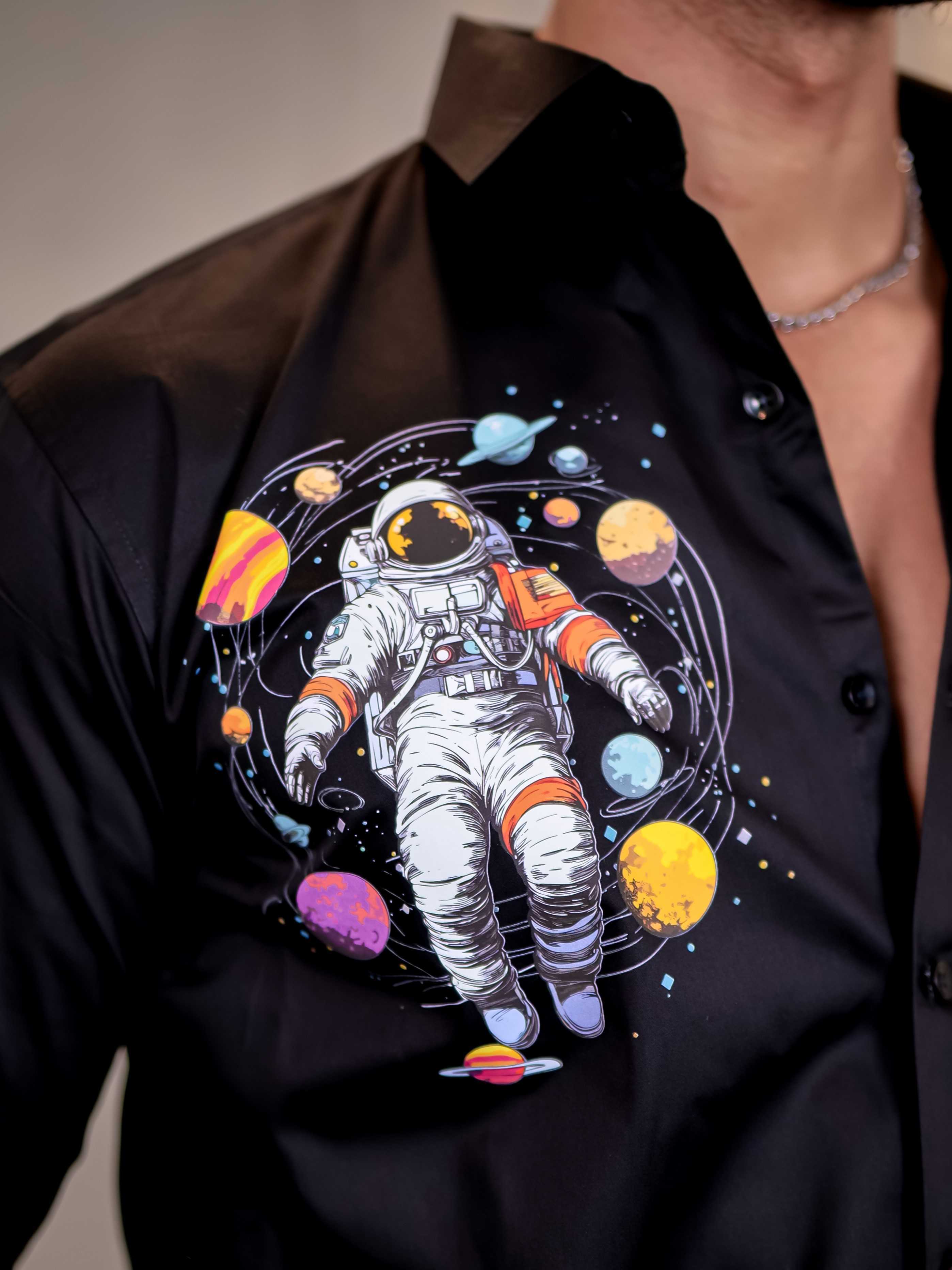 Black Club Wear Planets Printed Satin Cotton Shirt