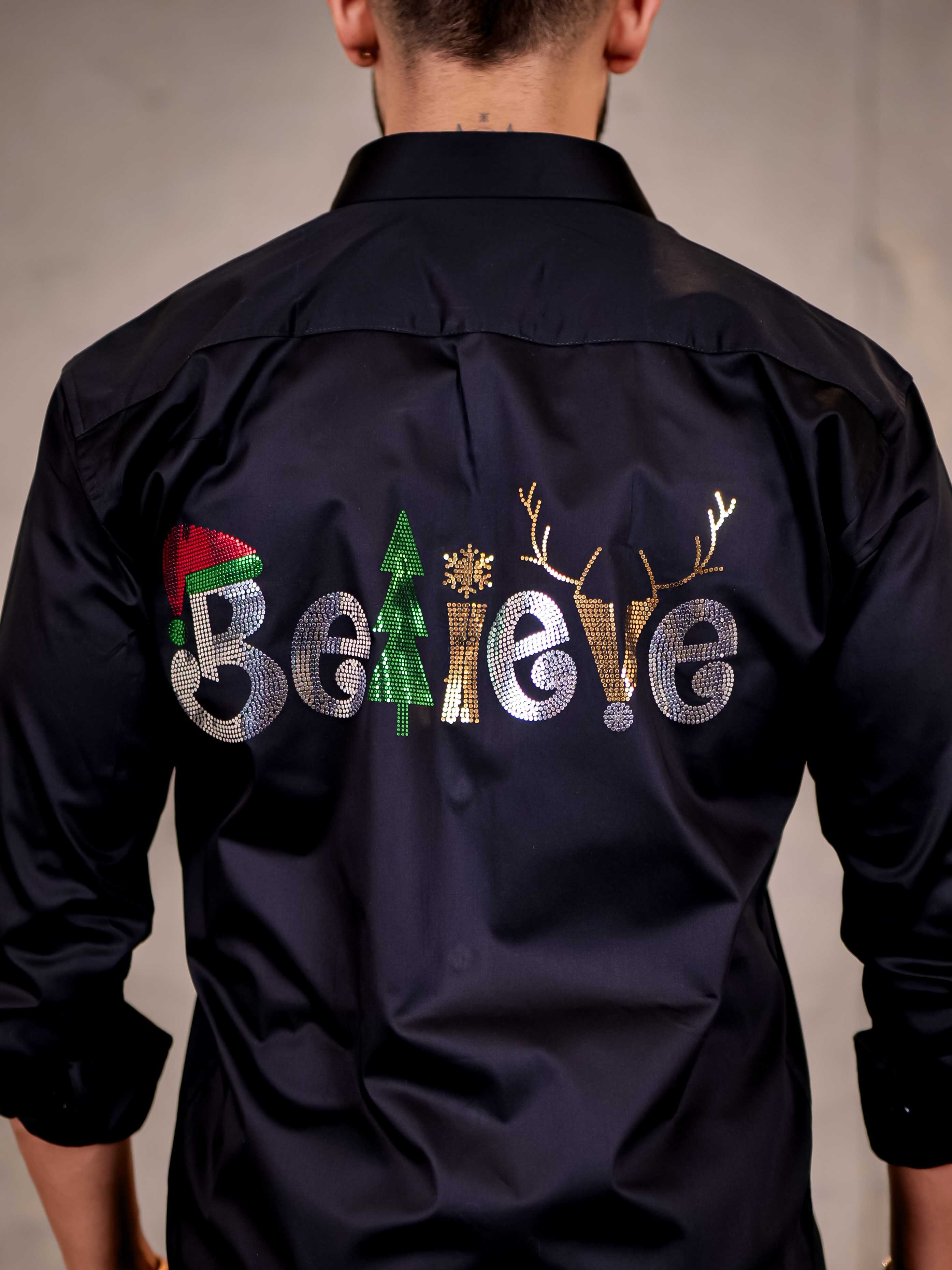Believe Black Sequence Club Wear Satin Cotton Party Shirt