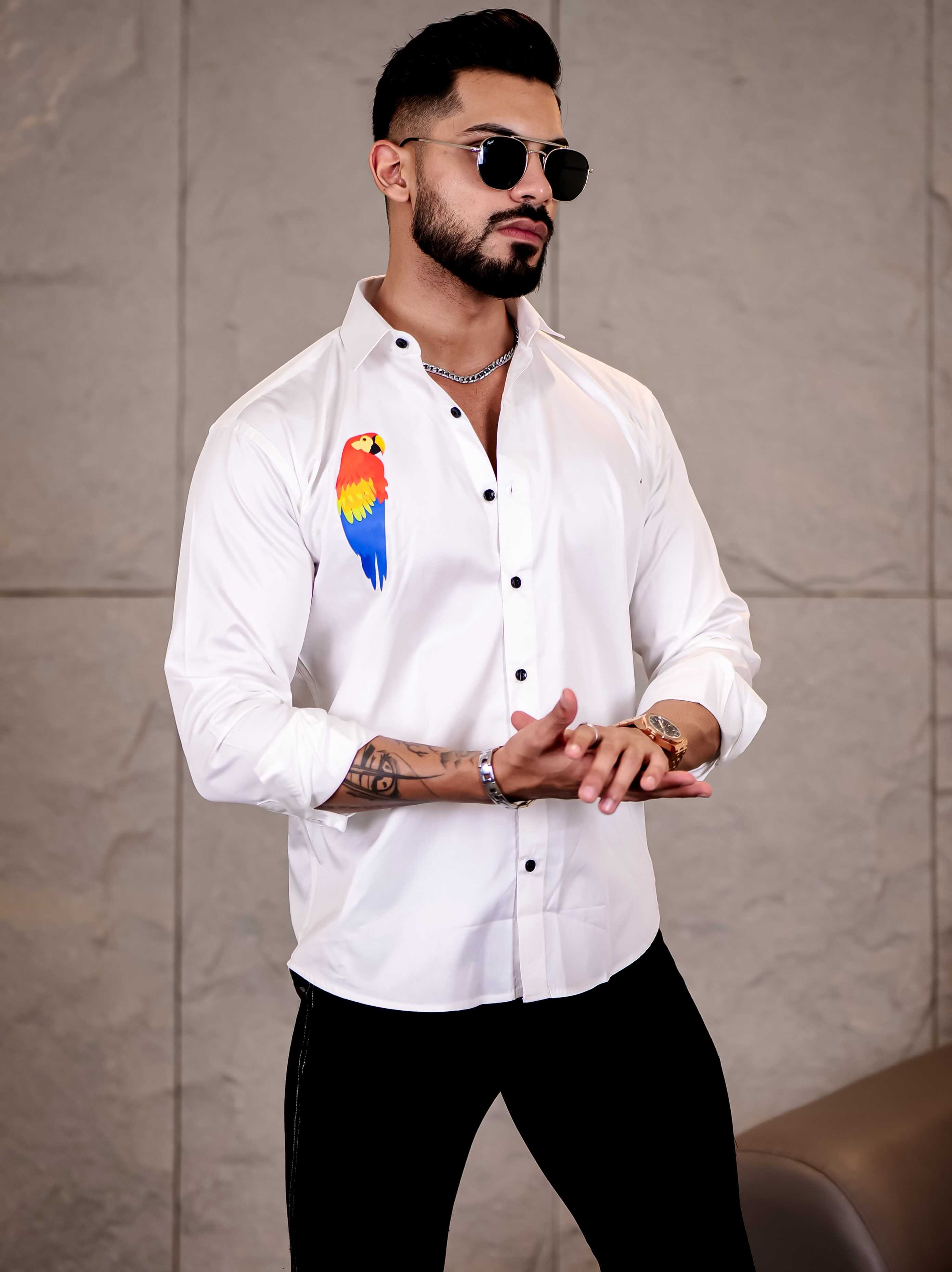 White Club Wear Macaw Perrot Printed Satin Cotton Shirt