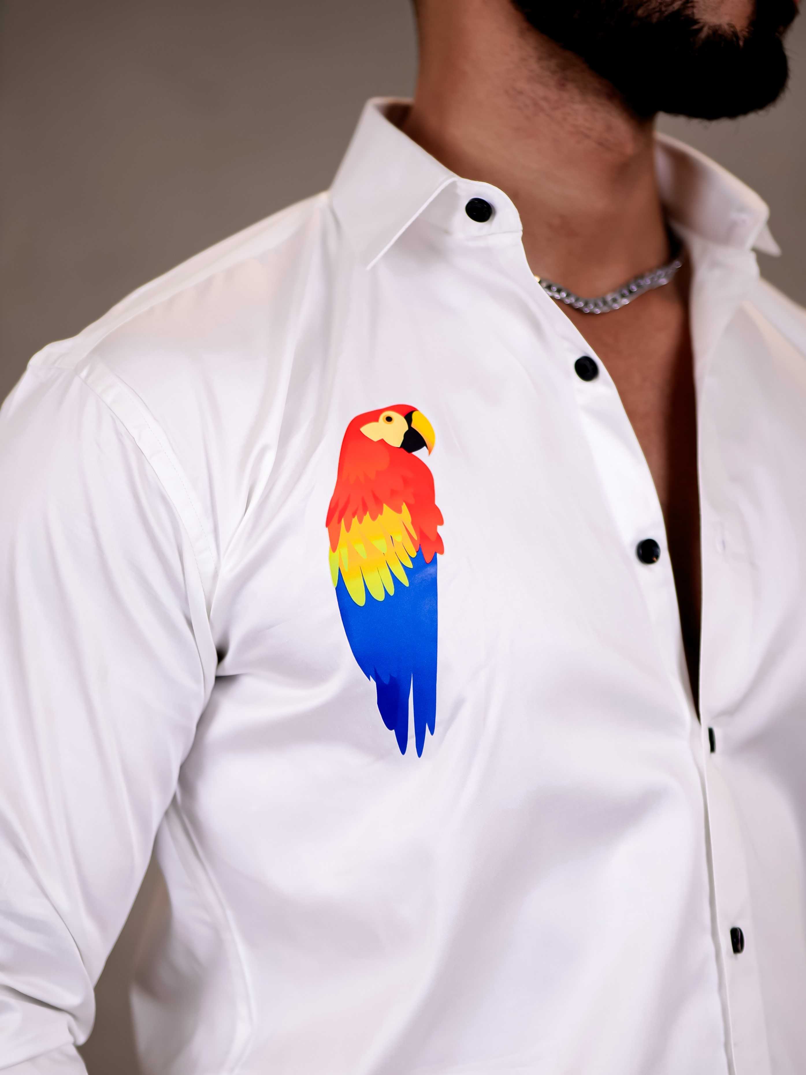 White Club Wear Macaw Perrot Printed Satin Cotton Shirt