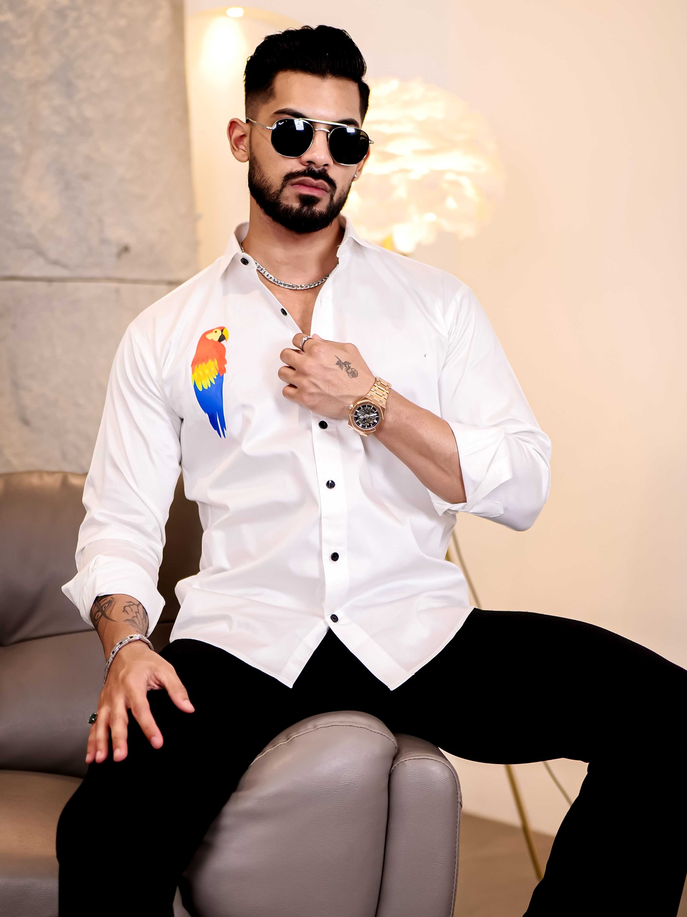 White Club Wear Macaw Perrot Printed Satin Cotton Shirt