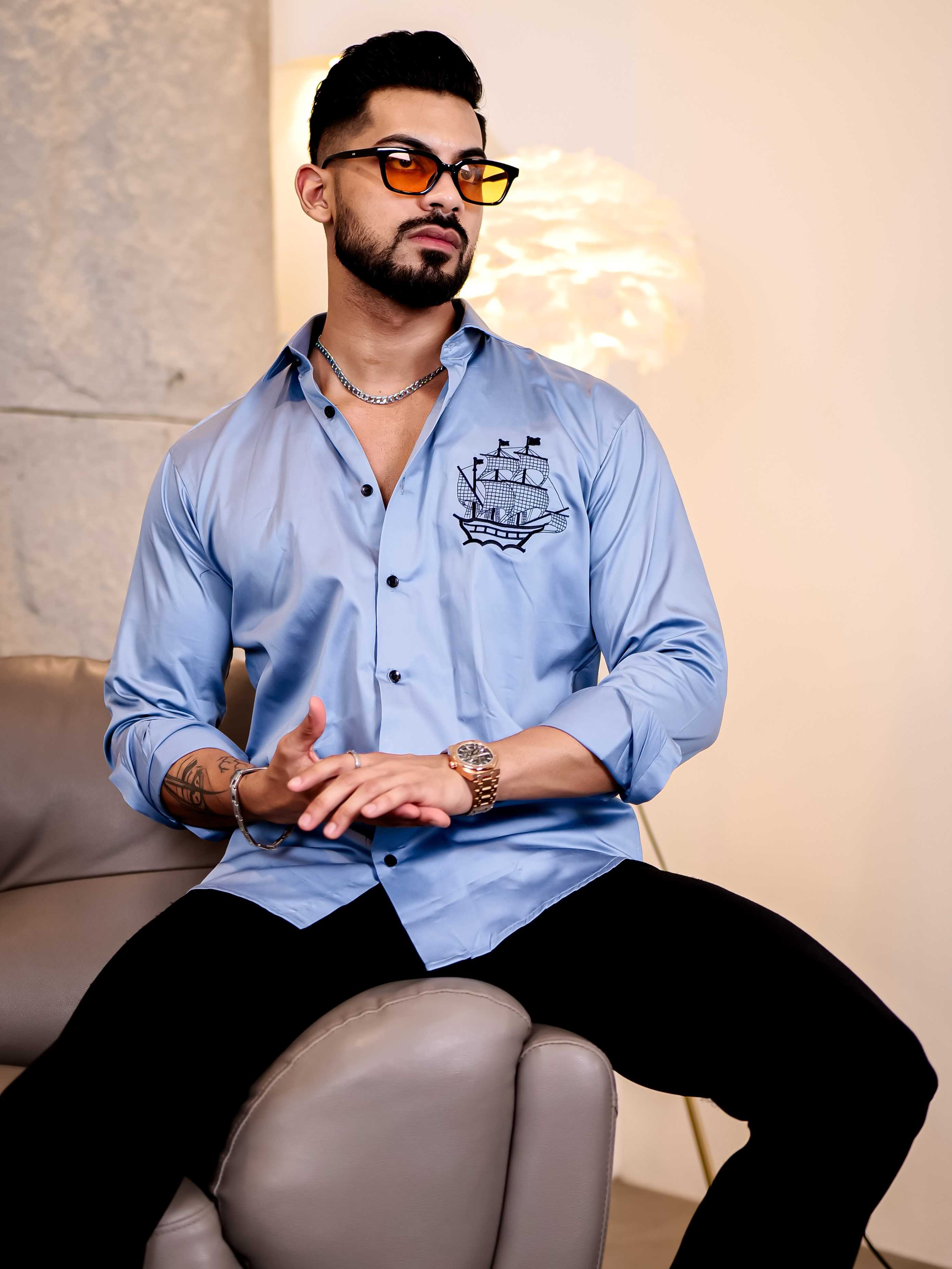 Pirates Piracy Sky Embroidered Club Wear Satin Cotton Shirt