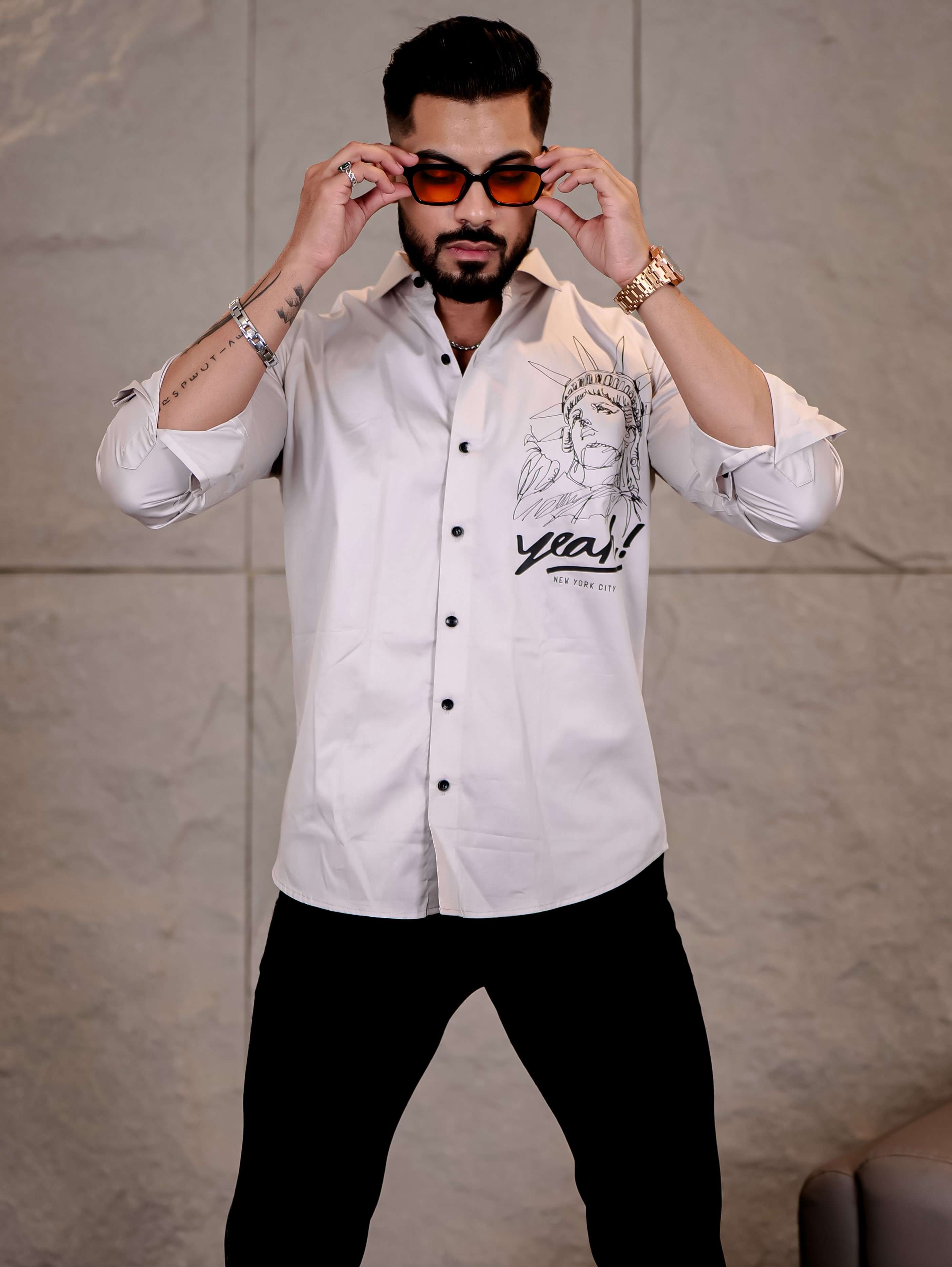 Grey Club Wear Statue of Liberty Printed Satin Cotton Shirt