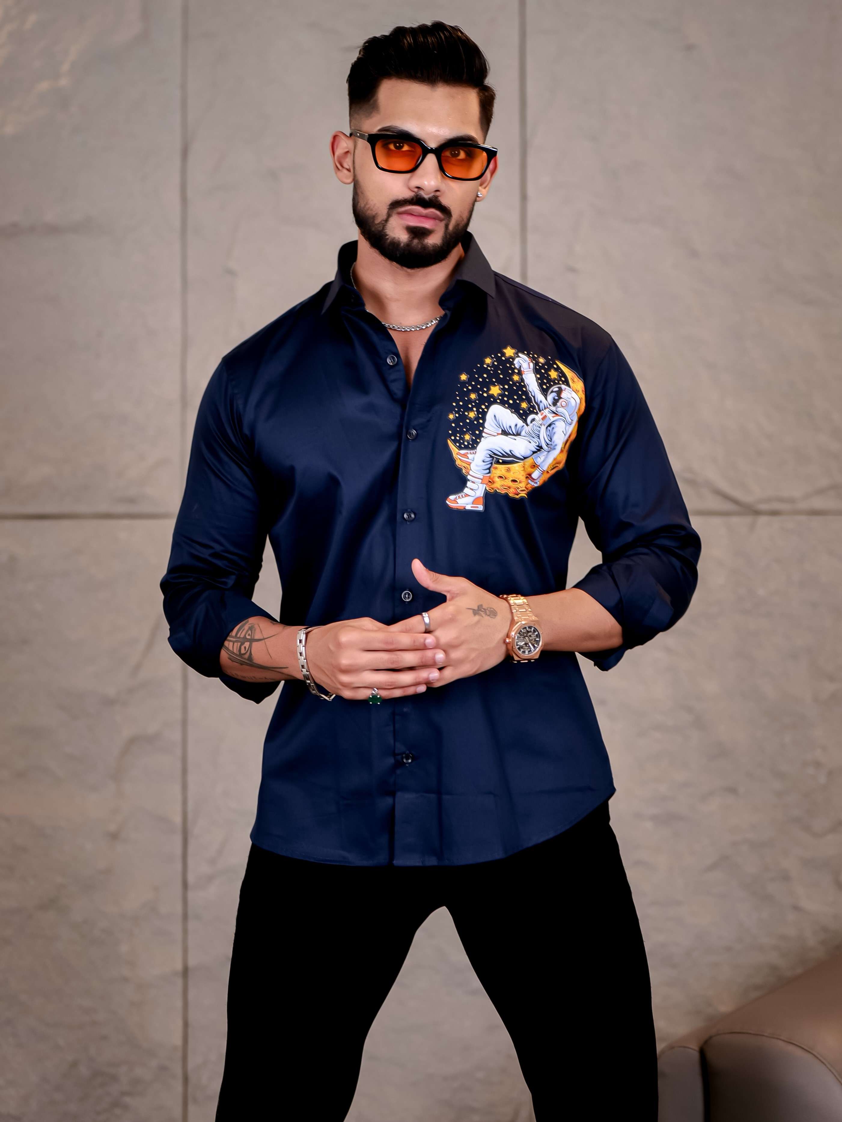Navy Club Wear Star Space n Printed Satin Cotton Shirt