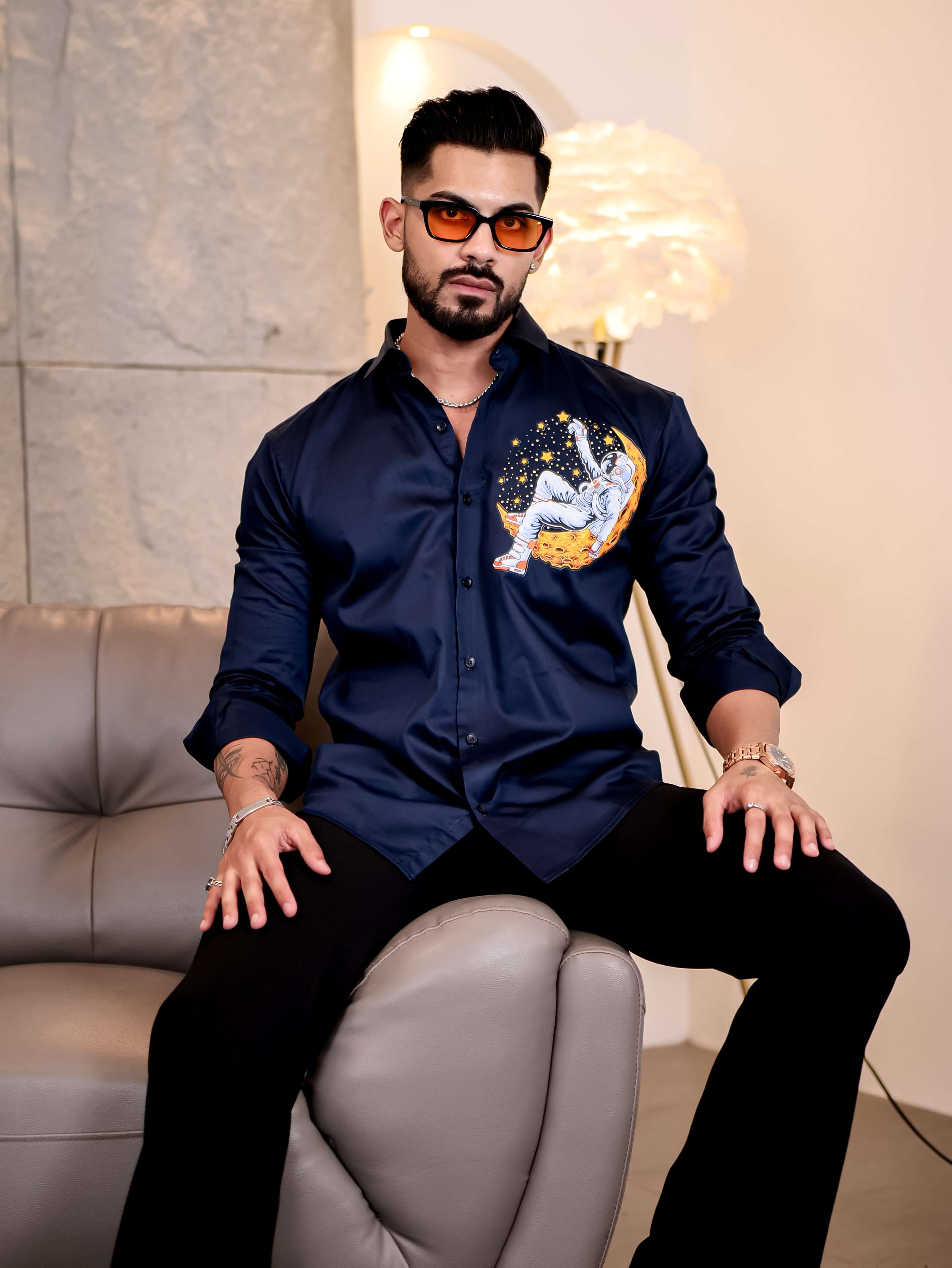 Navy Club Wear Star Space n Printed Satin Cotton Shirt