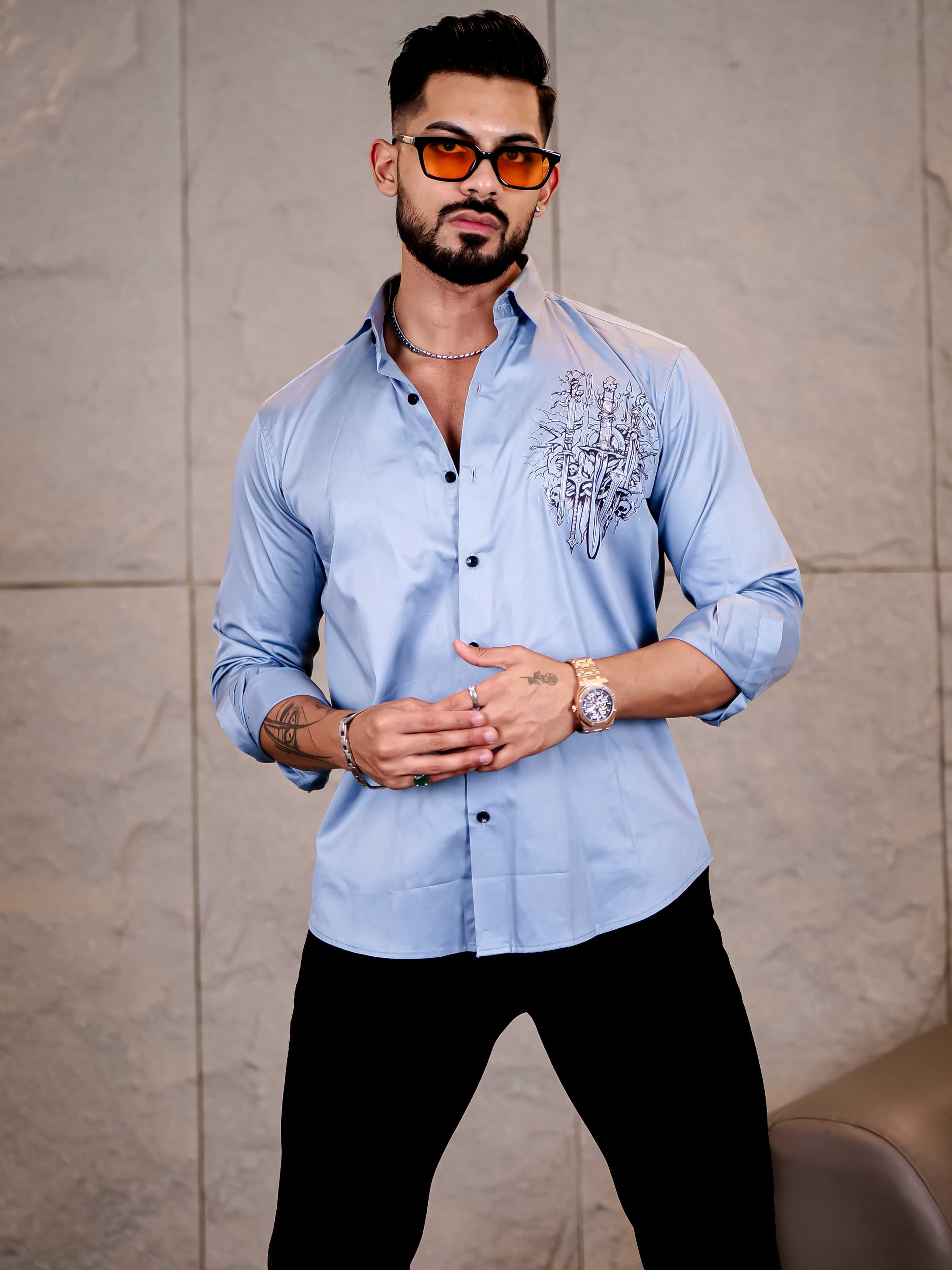 Sky Club Wear Printed Satin Cotton Shirt