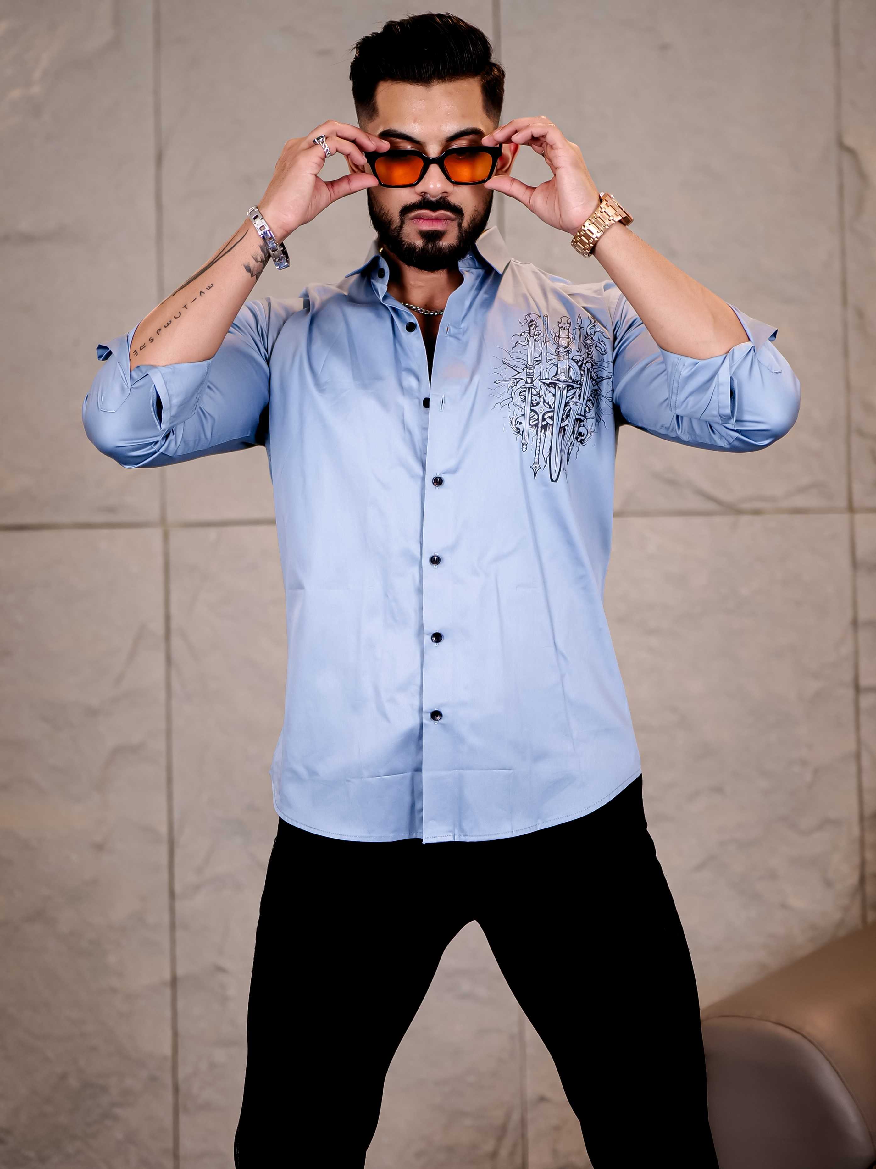 Sky Club Wear Printed Satin Cotton Shirt