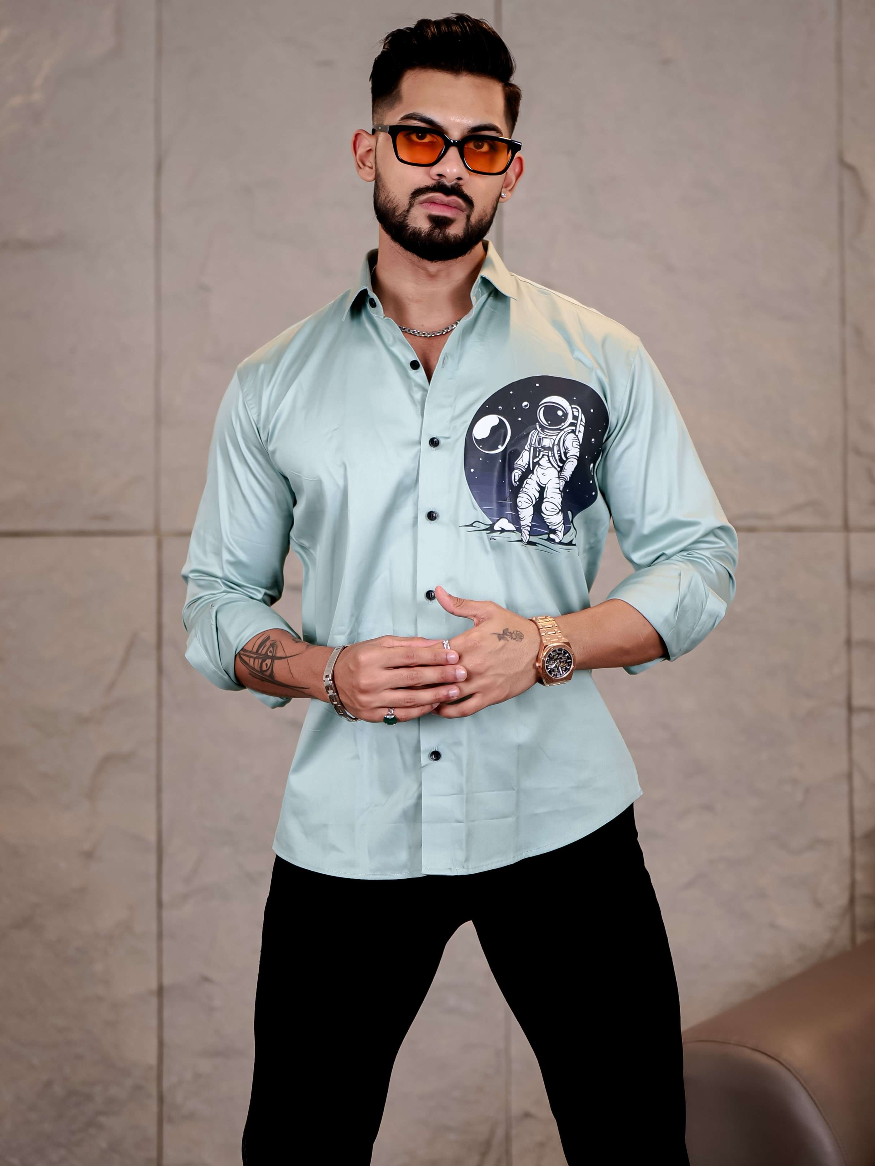 Cyan Club Wear Space Moon Printed Satin Cotton Shirt