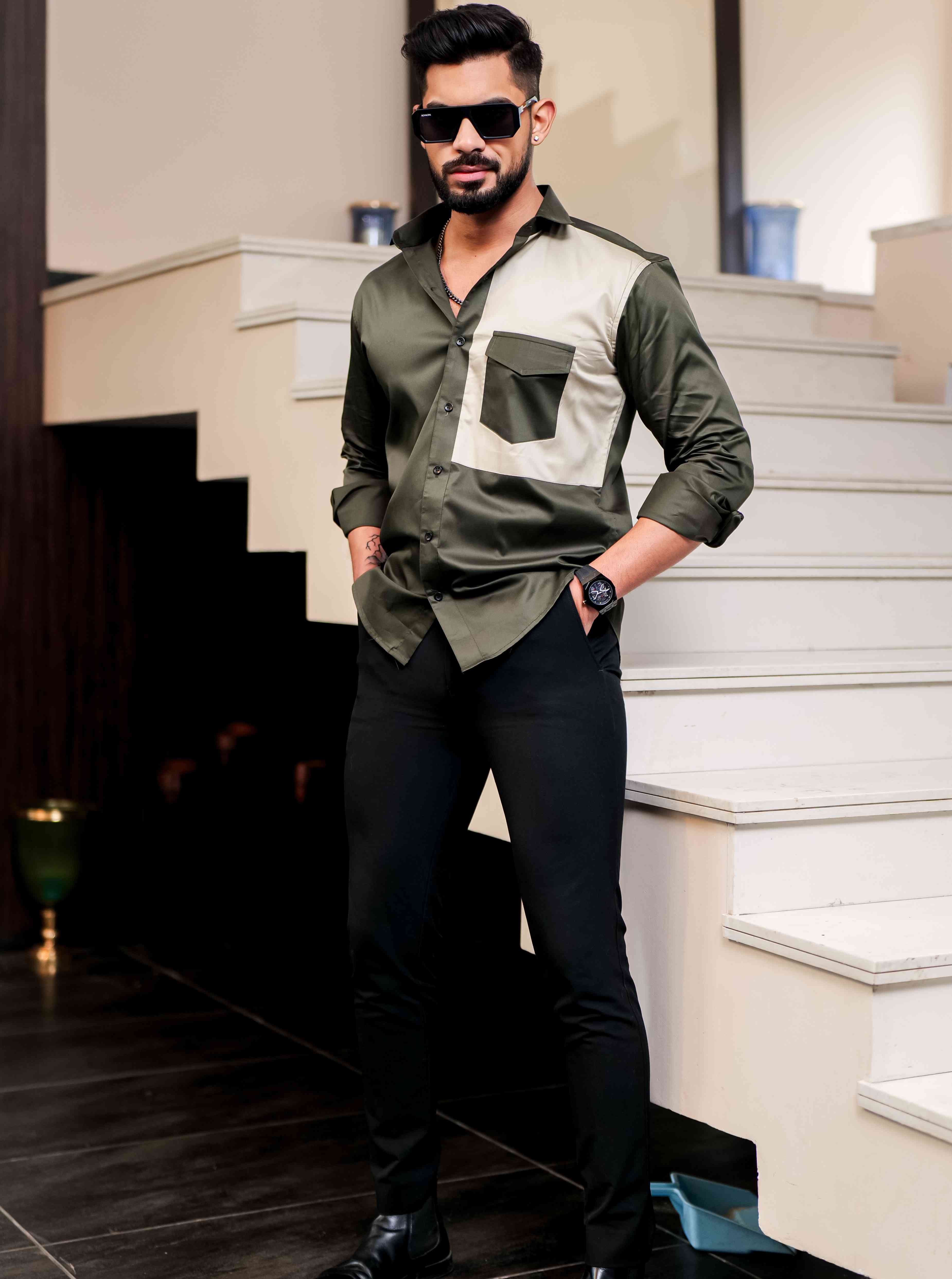 Green Cut N Sew Designer Satin Cotton Shirt