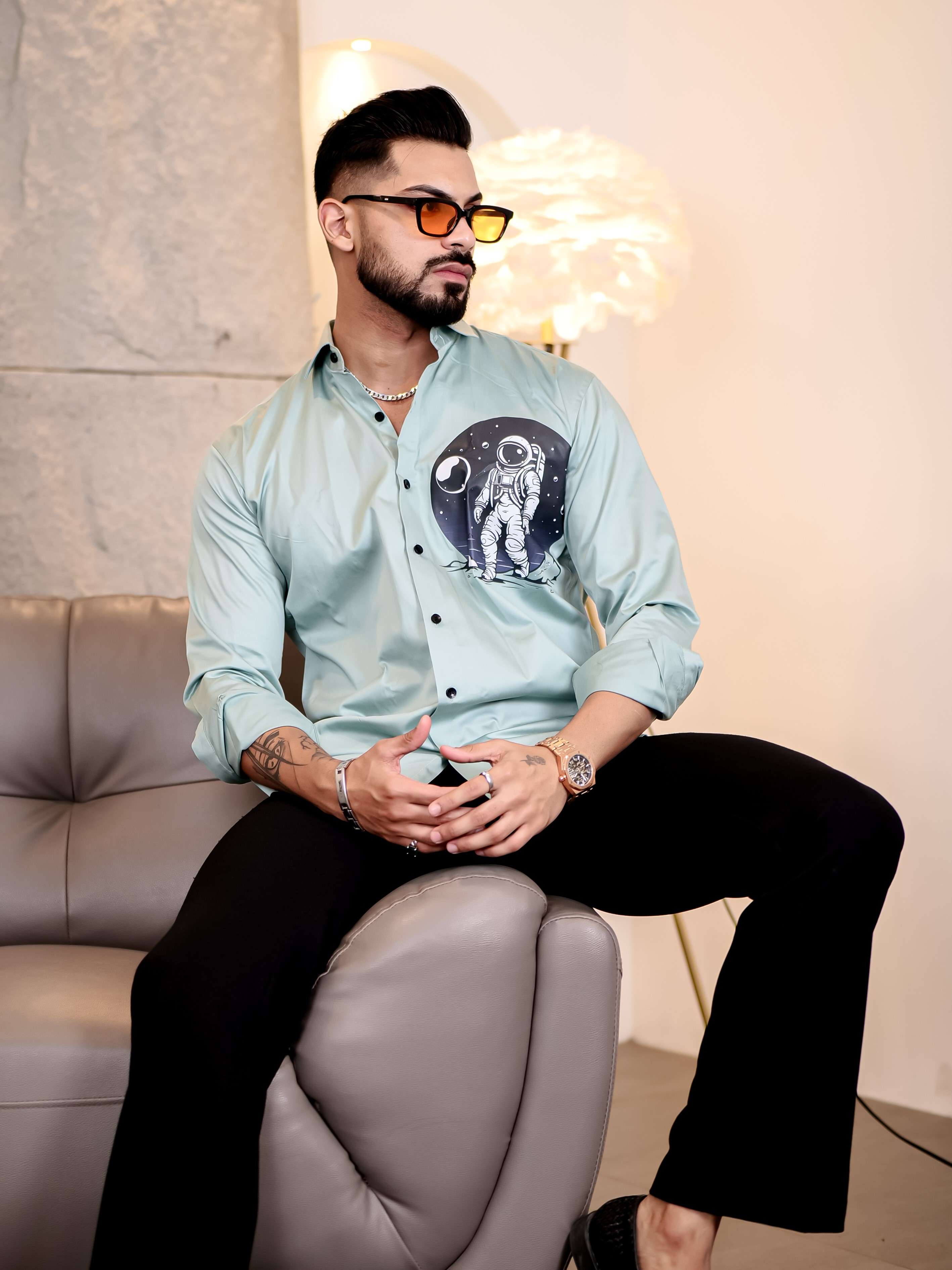 Cyan Club Wear Space Moon Printed Satin Cotton Shirt