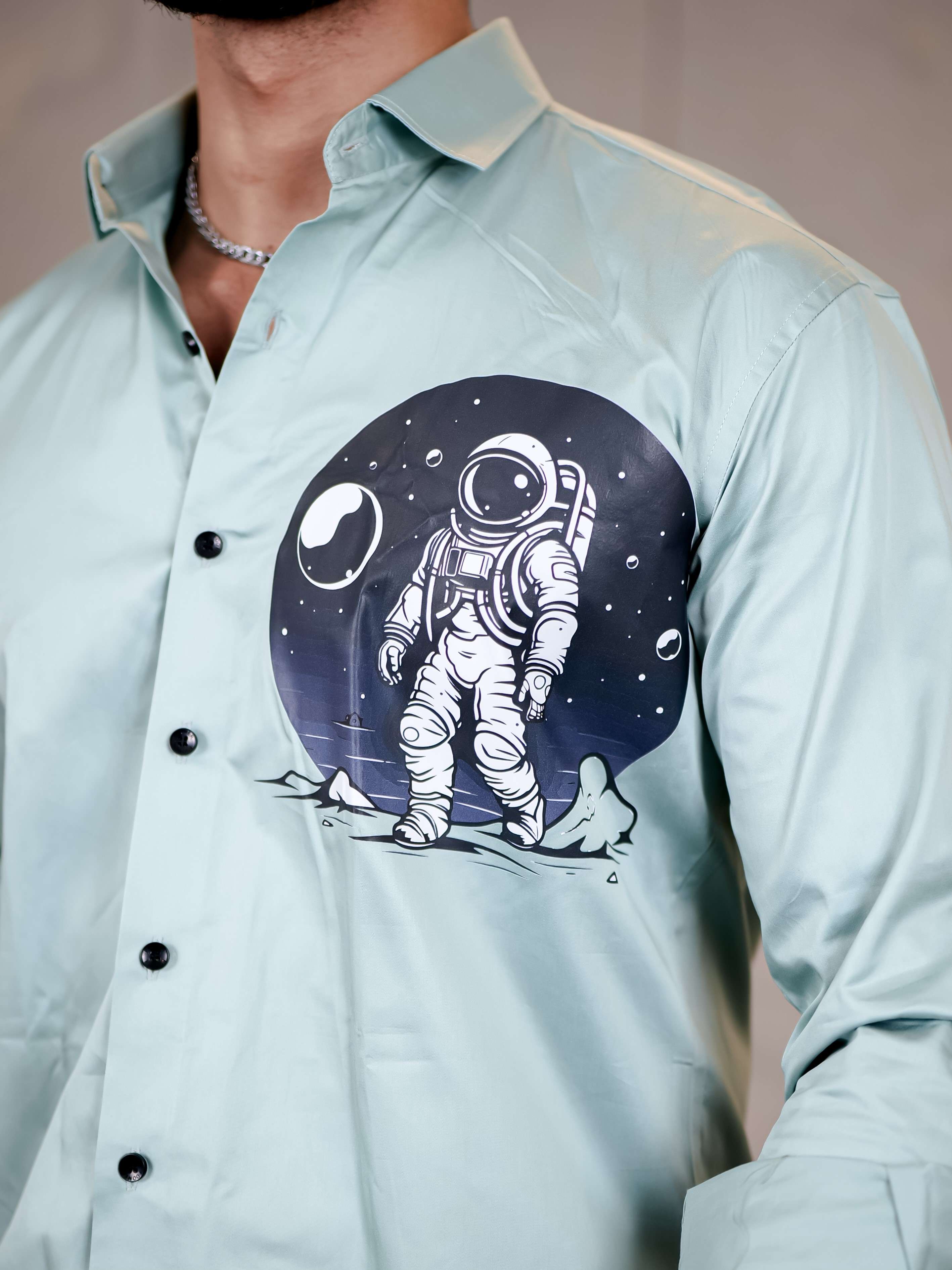 Cyan Club Wear Space Moon Printed Satin Cotton Shirt